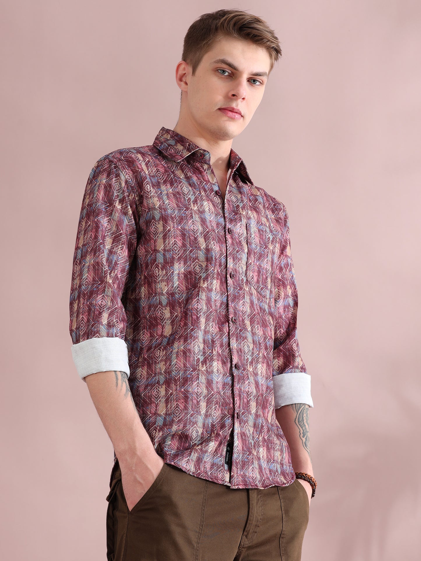 Full Sleeves Linen Digital Maroon Printed Shirt Men