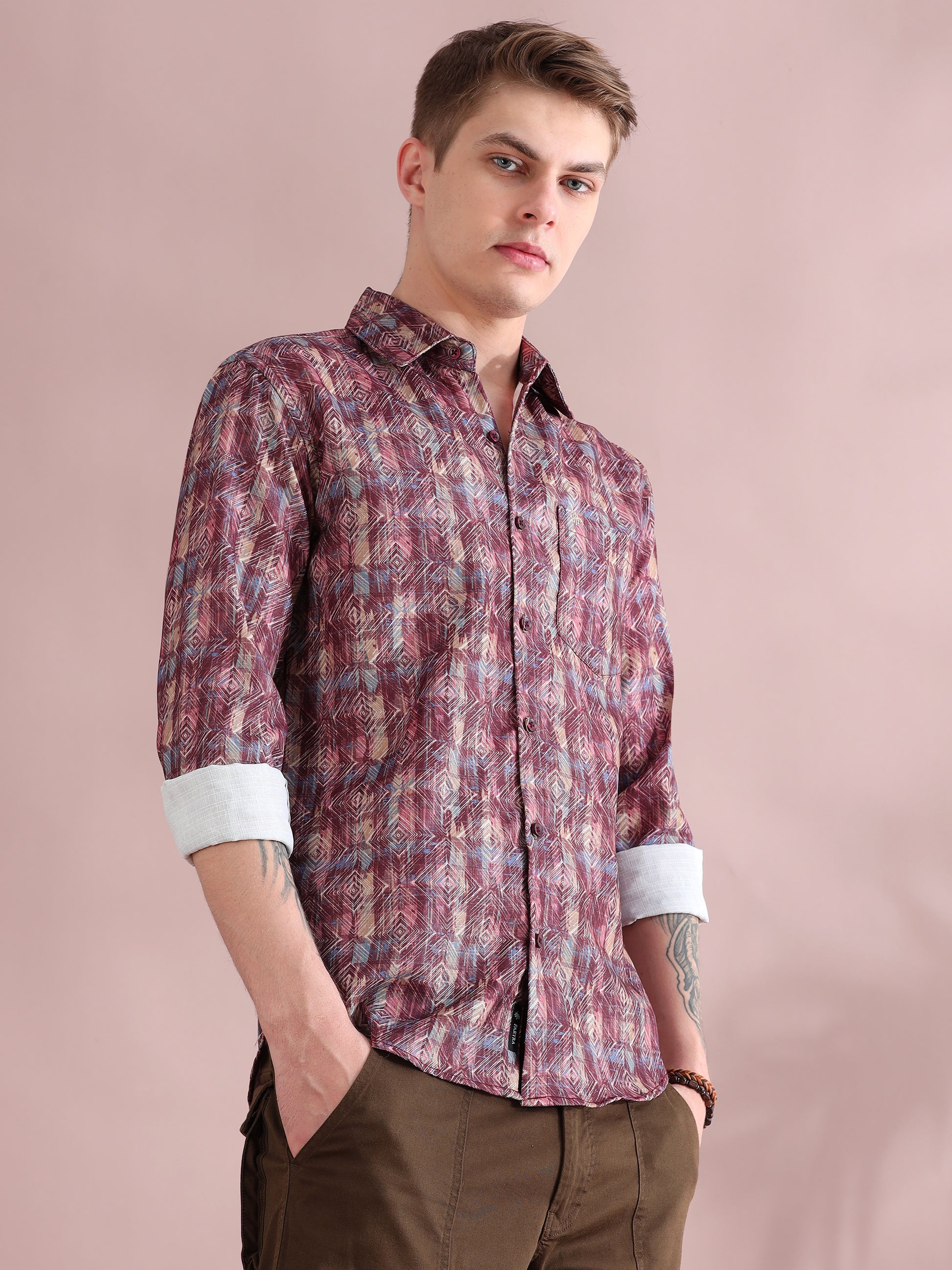 Full Sleeves Linen Digital Maroon Printed Shirt Men