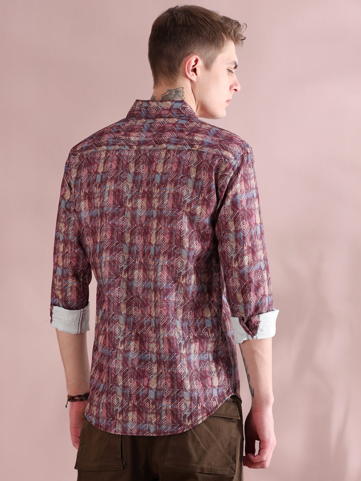 Full Sleeves Linen Digital Maroon Printed Shirt Men