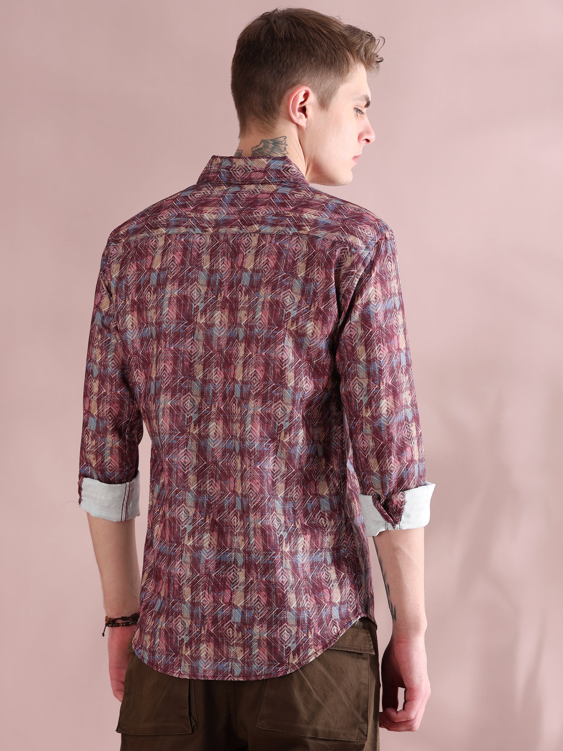 Full Sleeves Linen Digital Maroon Printed Shirt Men