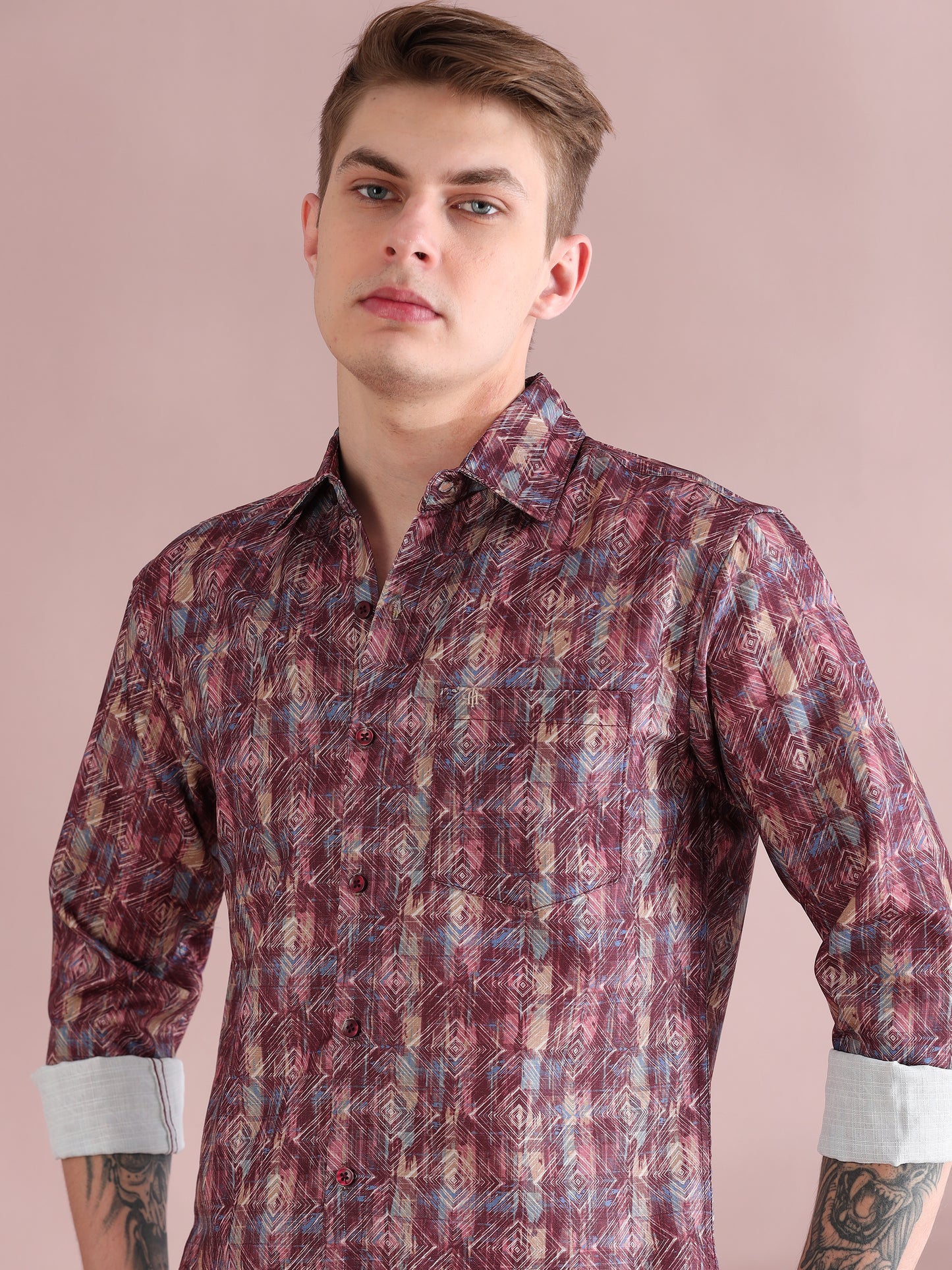 Full Sleeves Linen Digital Maroon Printed Shirt Men