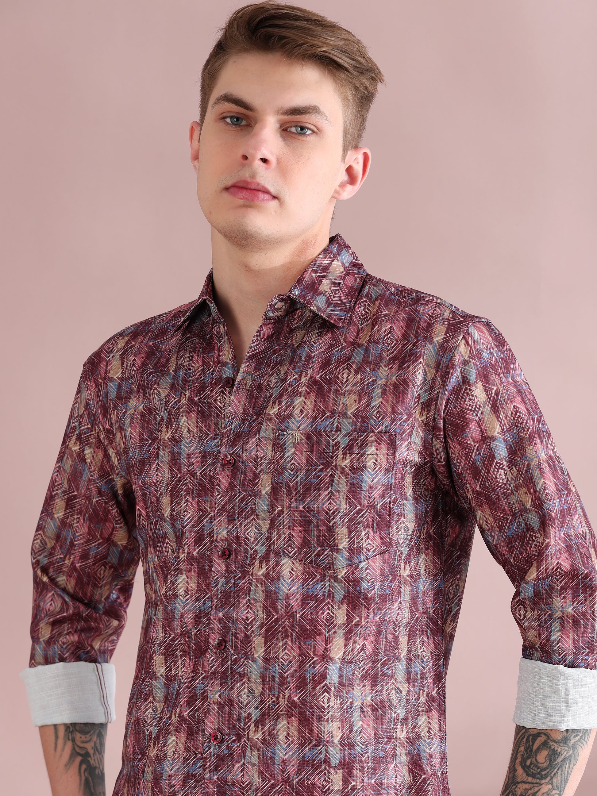 Full Sleeves Linen Digital Maroon Printed Shirt Men