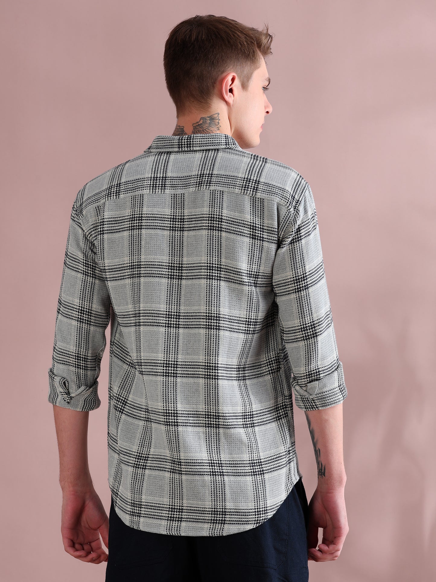 Full Sleeves Grey Mocklin Checkered Shirt For Men