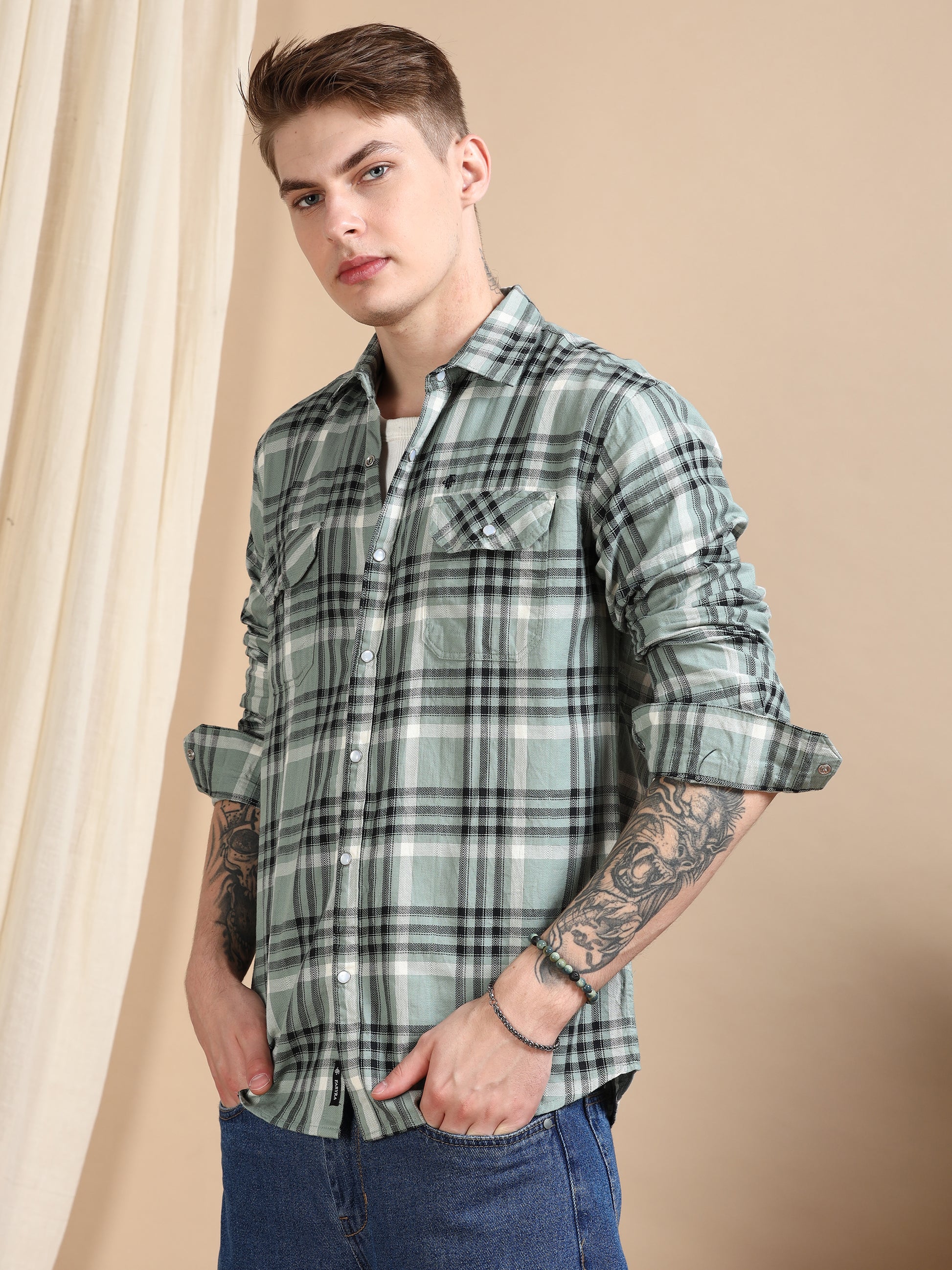 Imported Dobby Green Check Print Shirt Men