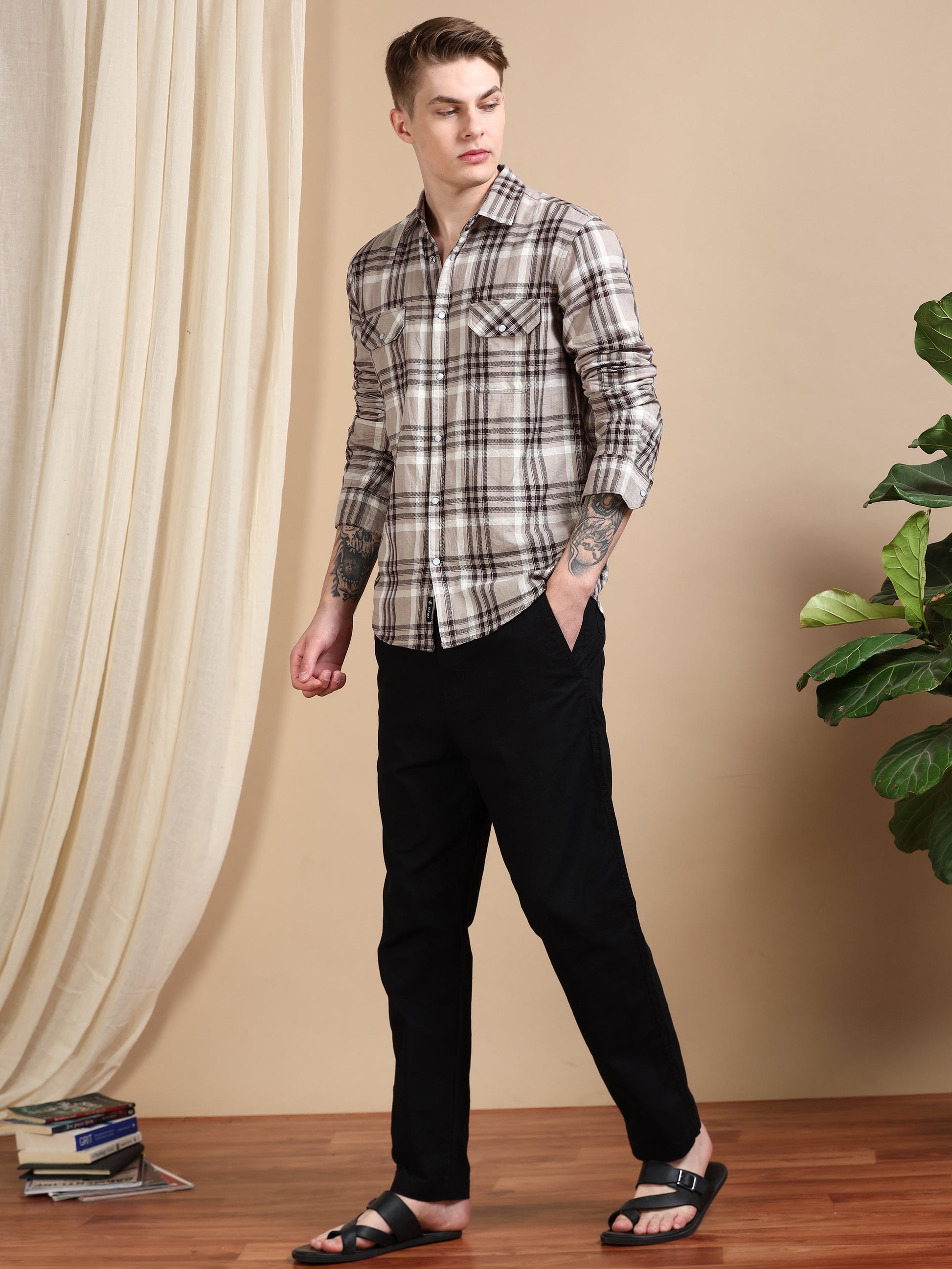 Imported Dobby Beige Printed Check Shirts Men