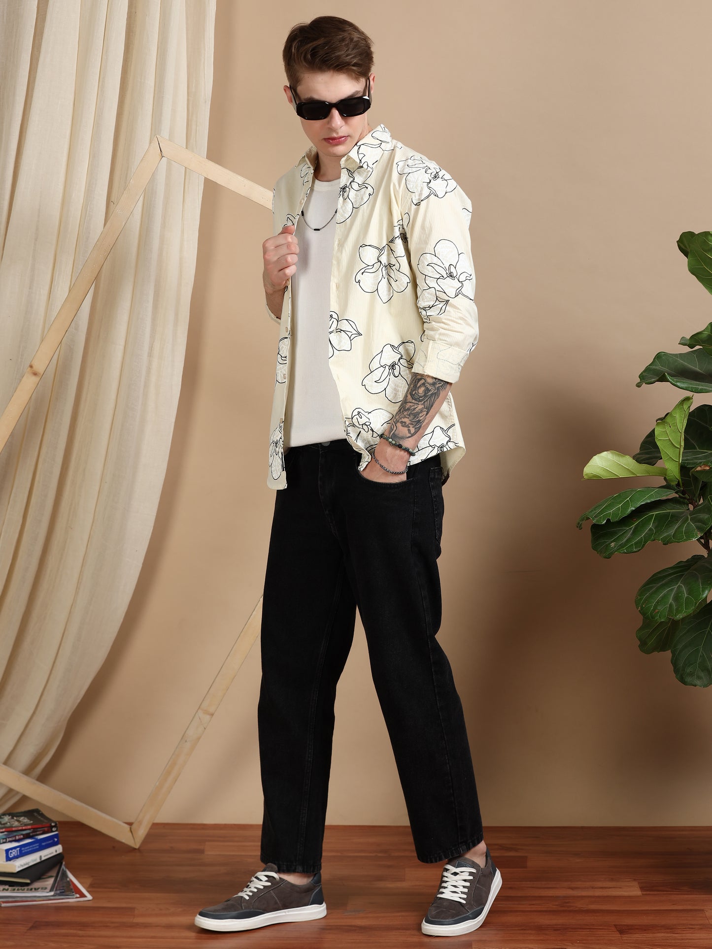 Cream Printed Self Design Shirt Men