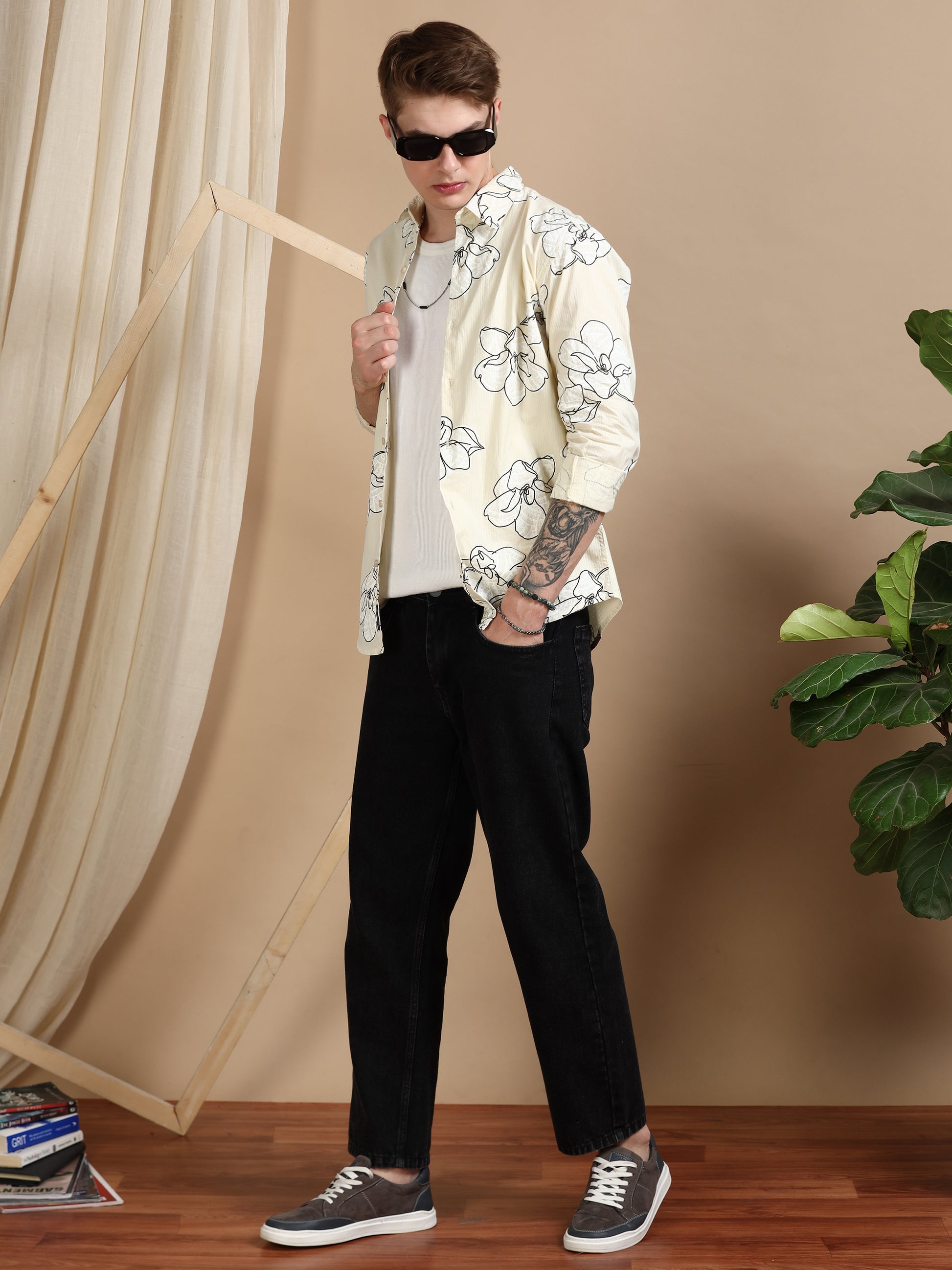 Cream Printed Self Design Shirt Men