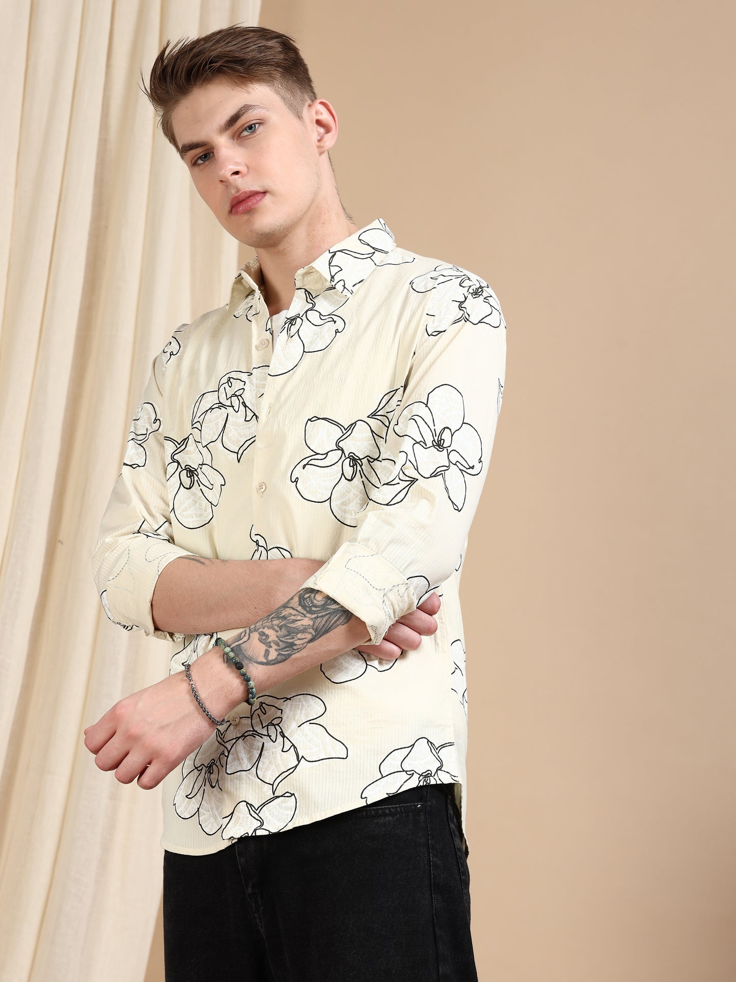 Cream Printed Self Design Shirt Men