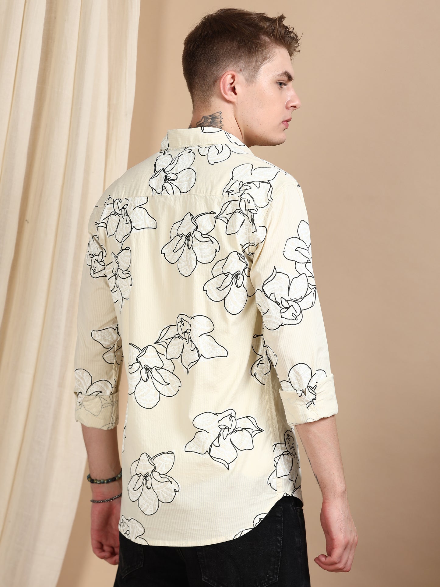 Cream Printed Self Design Shirt Men