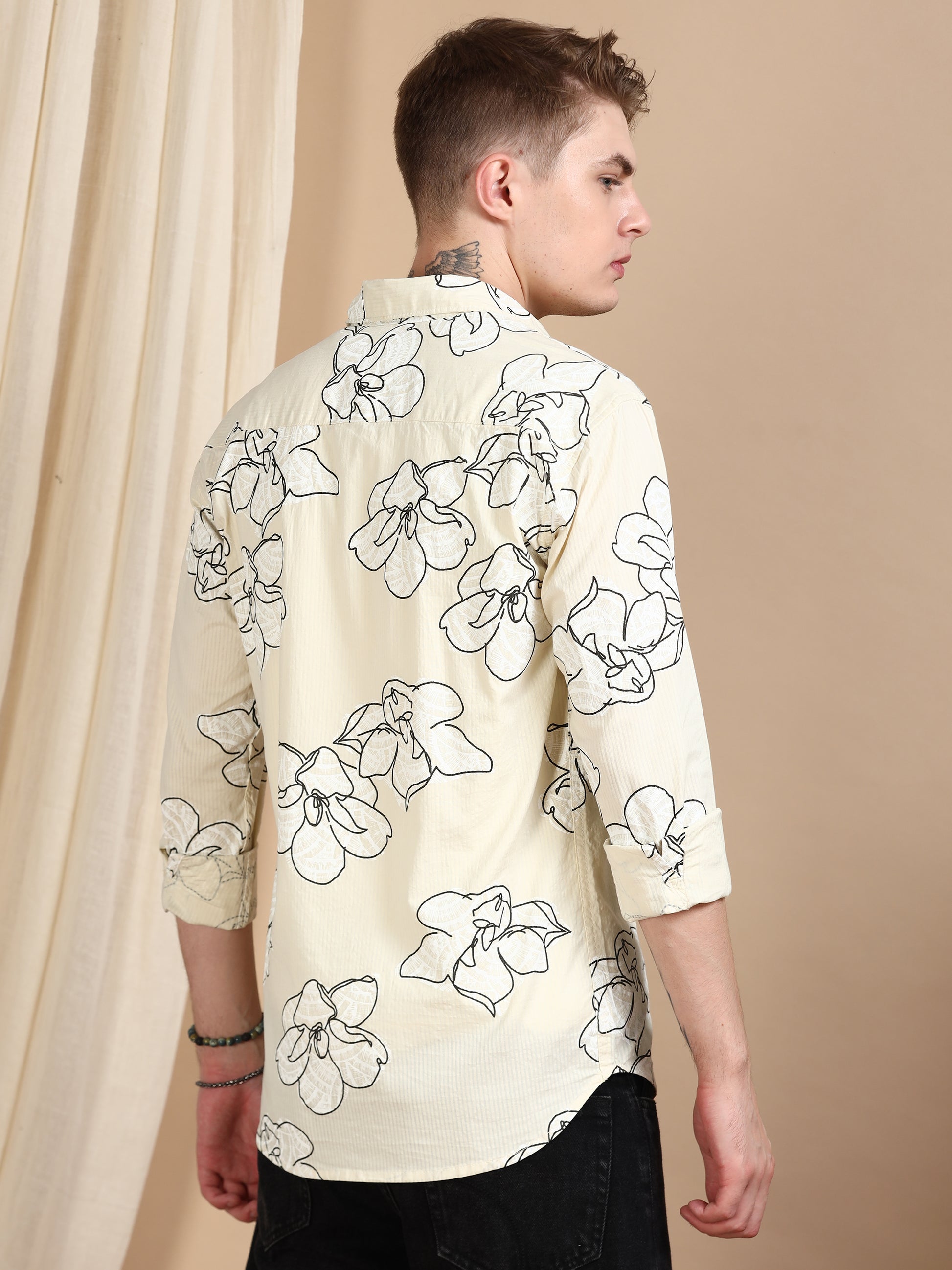 Cream Printed Self Design Shirt Men