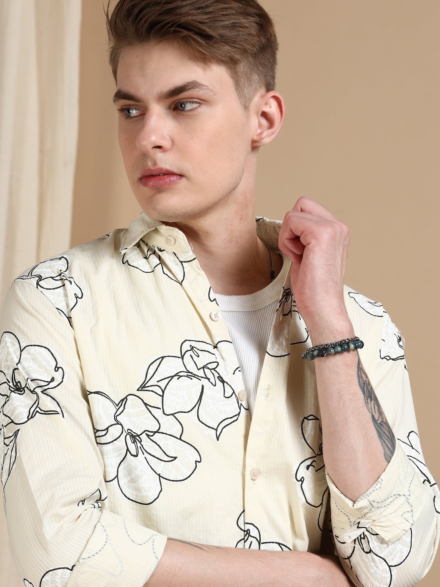Cream Printed Self Design Shirt Men