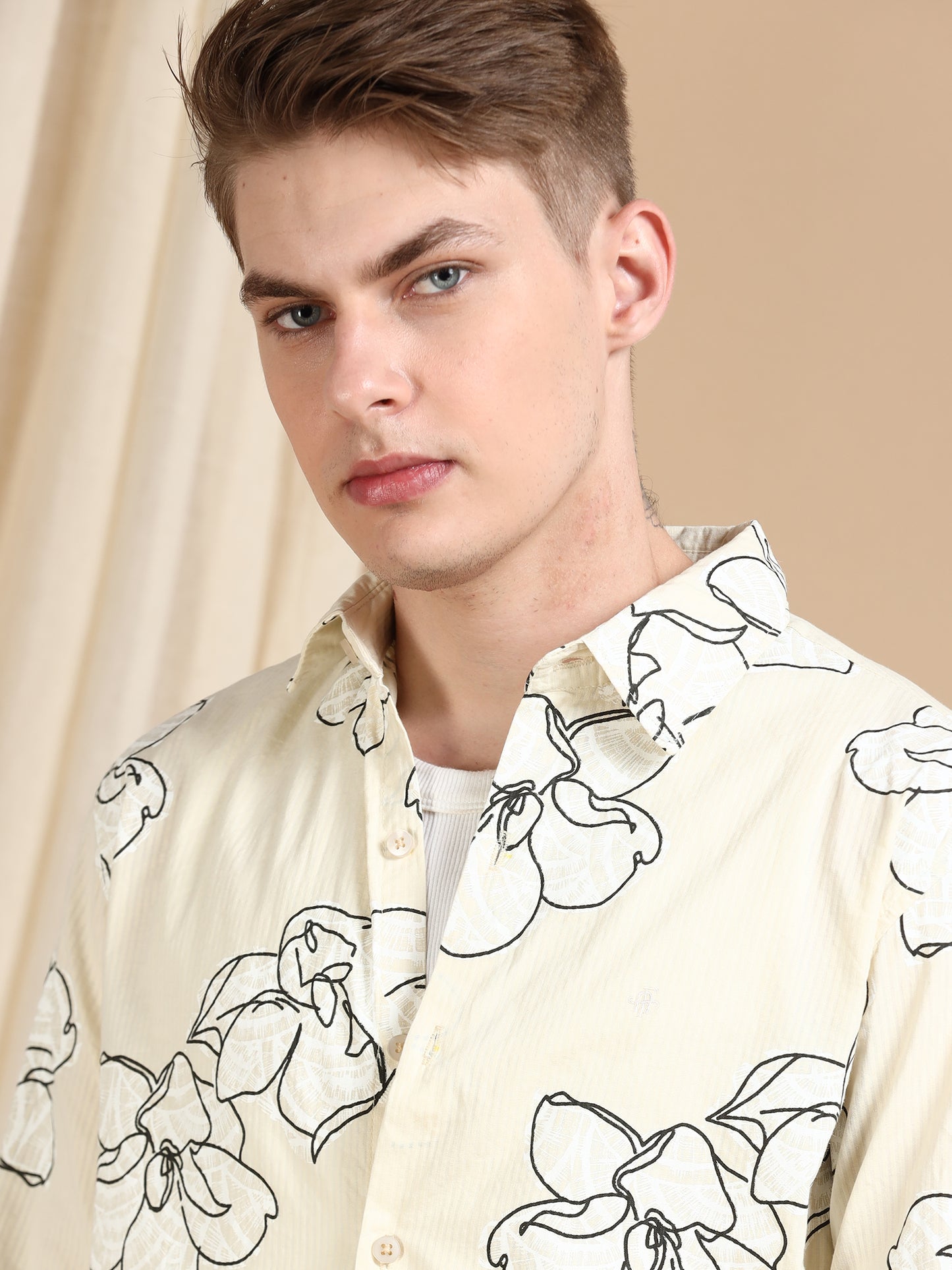 Cream Printed Self Design Shirt Men