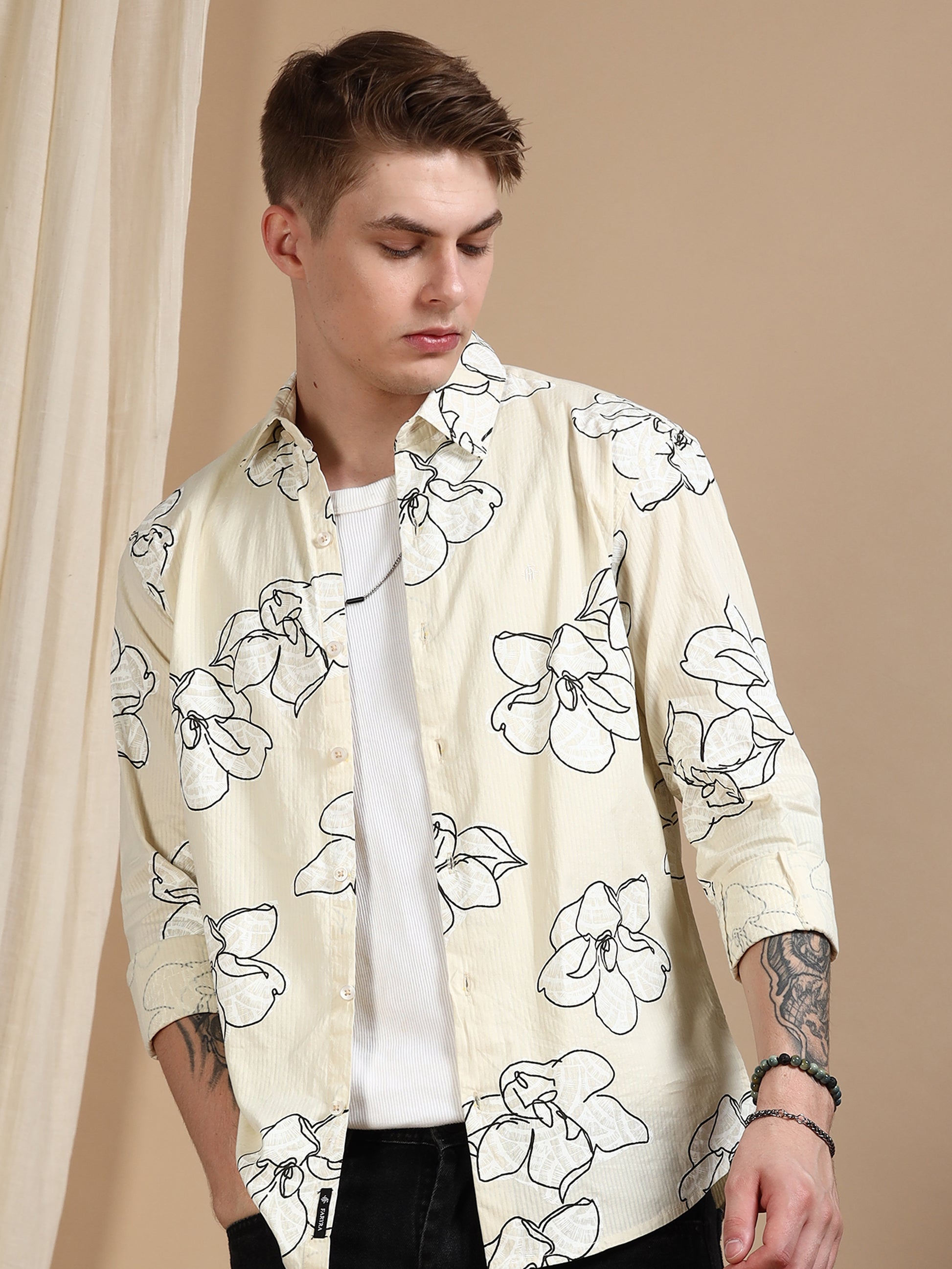 Cream Printed Self Design Shirt Men