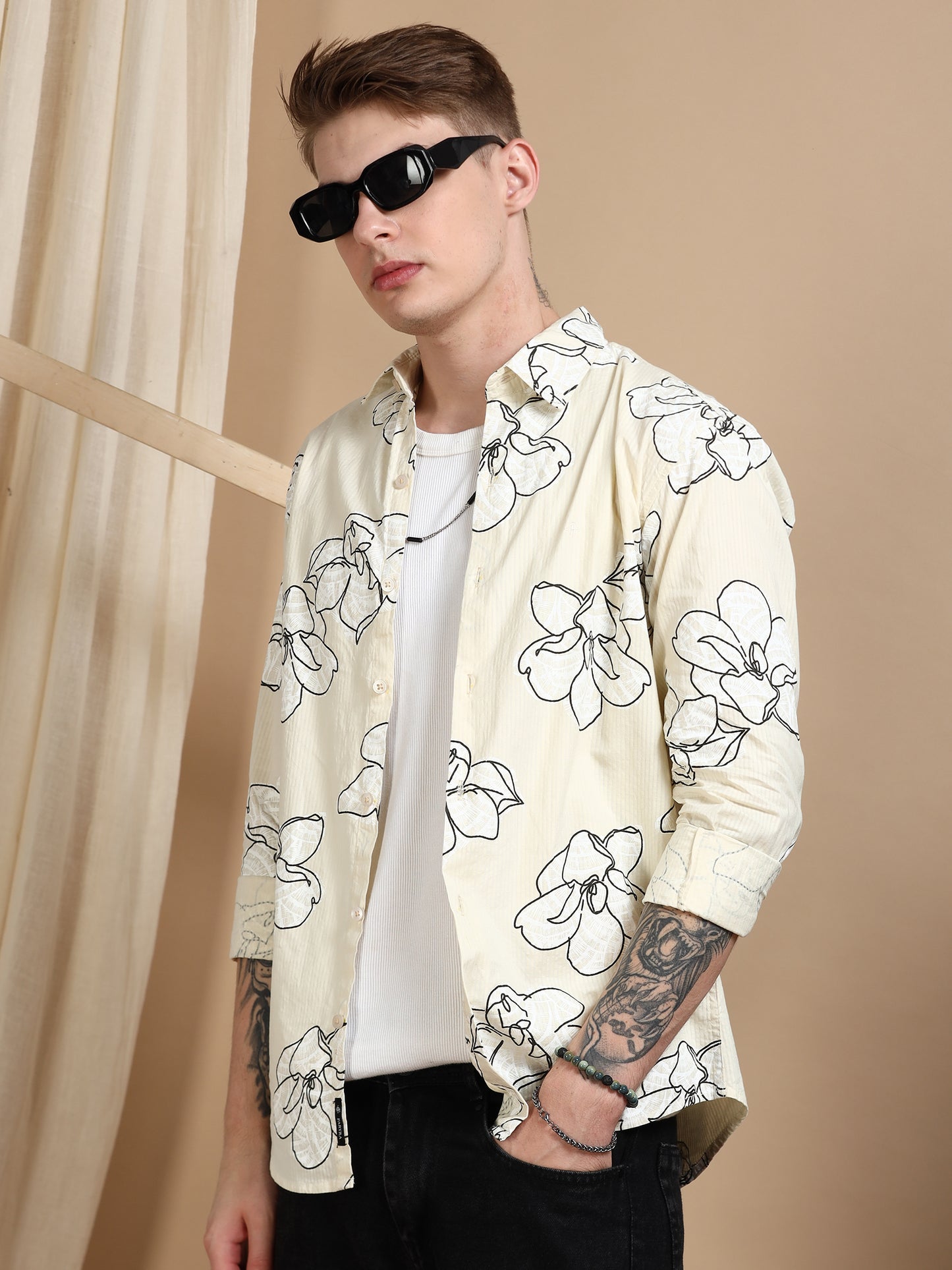 Cream Printed Self Design Shirt Men
