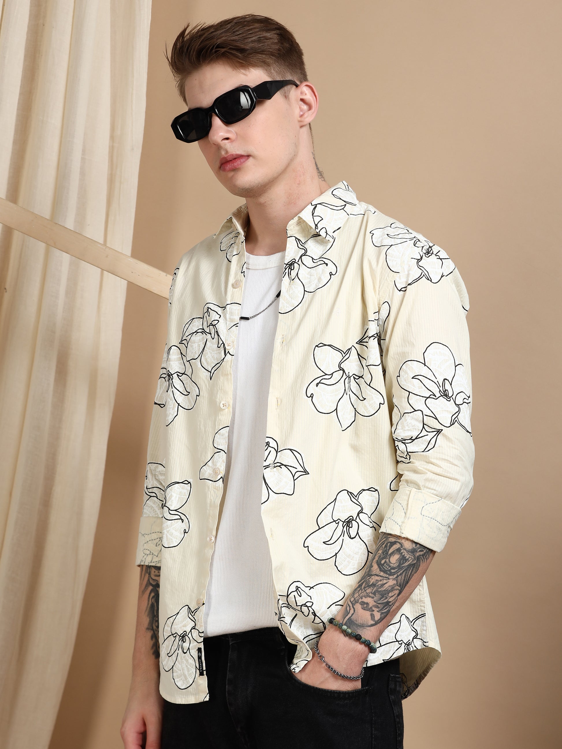 Cream Printed Self Design Shirt Men