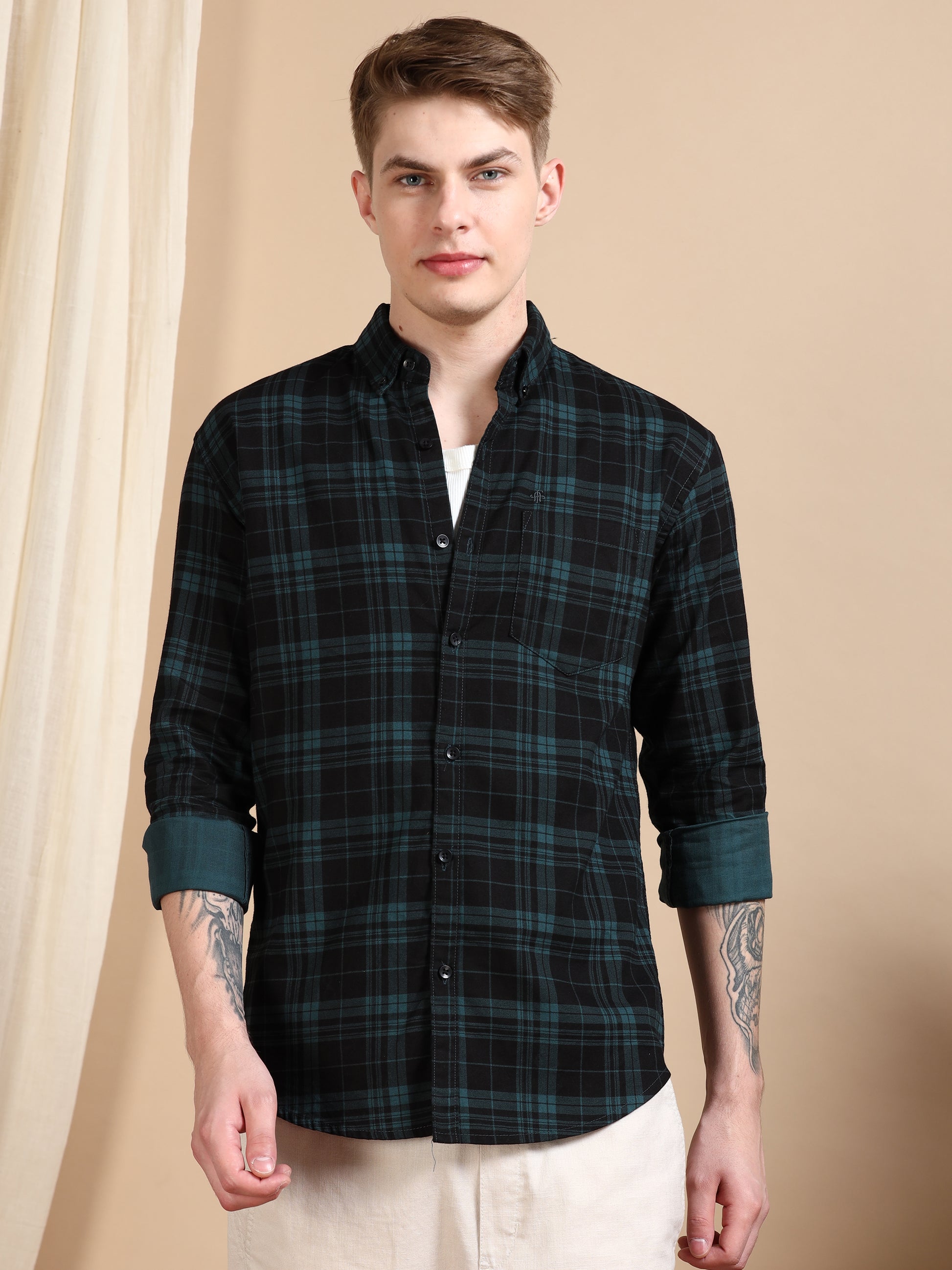 Casual Green Mens Checked Shirts Long Sleeve