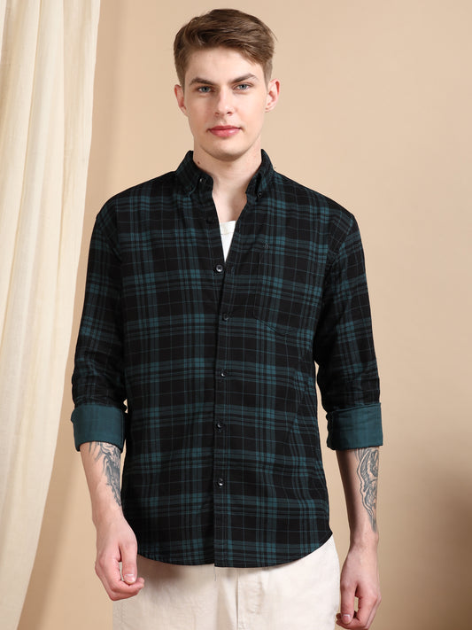 Casual Green Mens Checked Shirts Long Sleeve