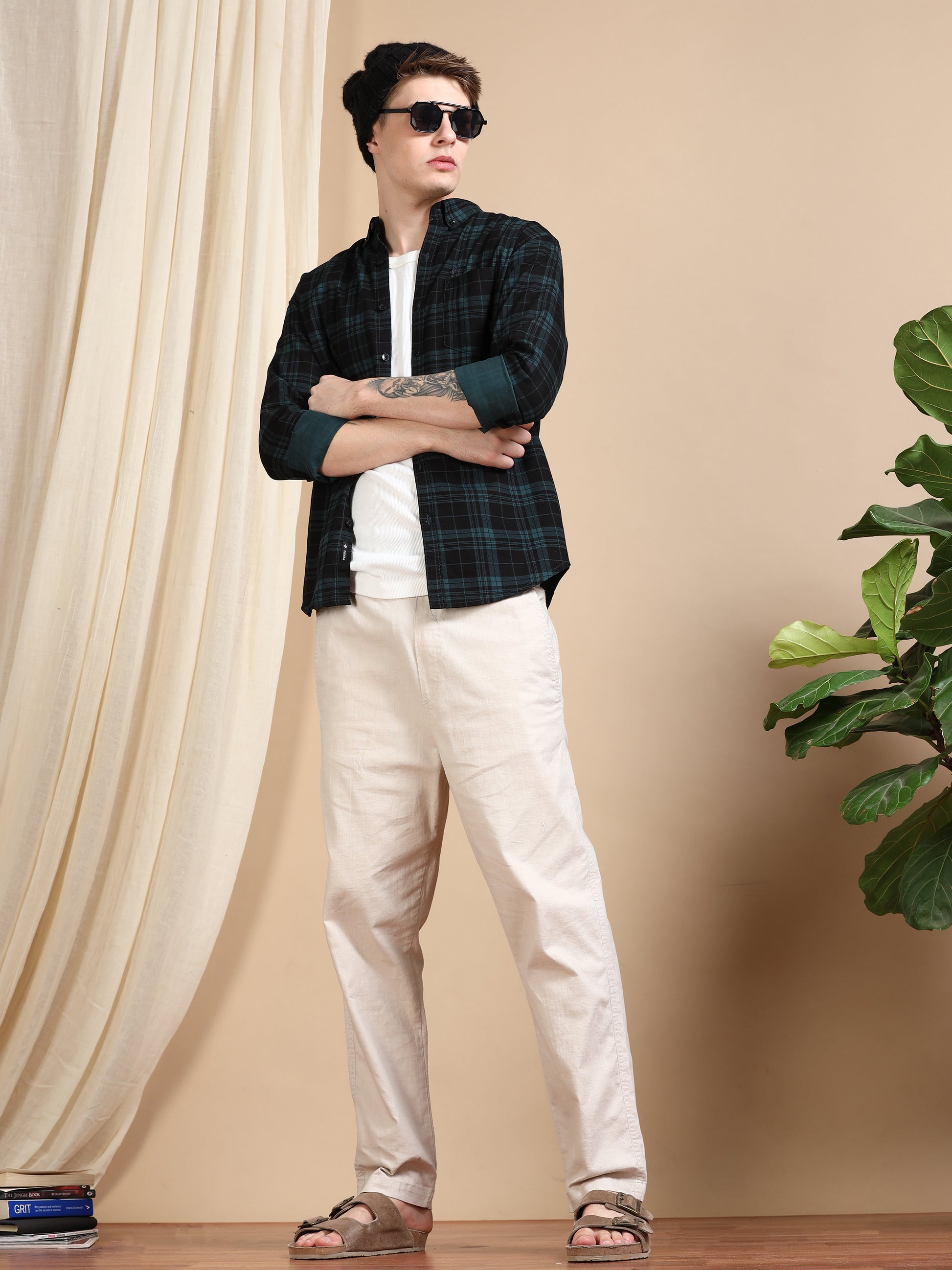 Casual Green Mens Checked Shirts Long Sleeve