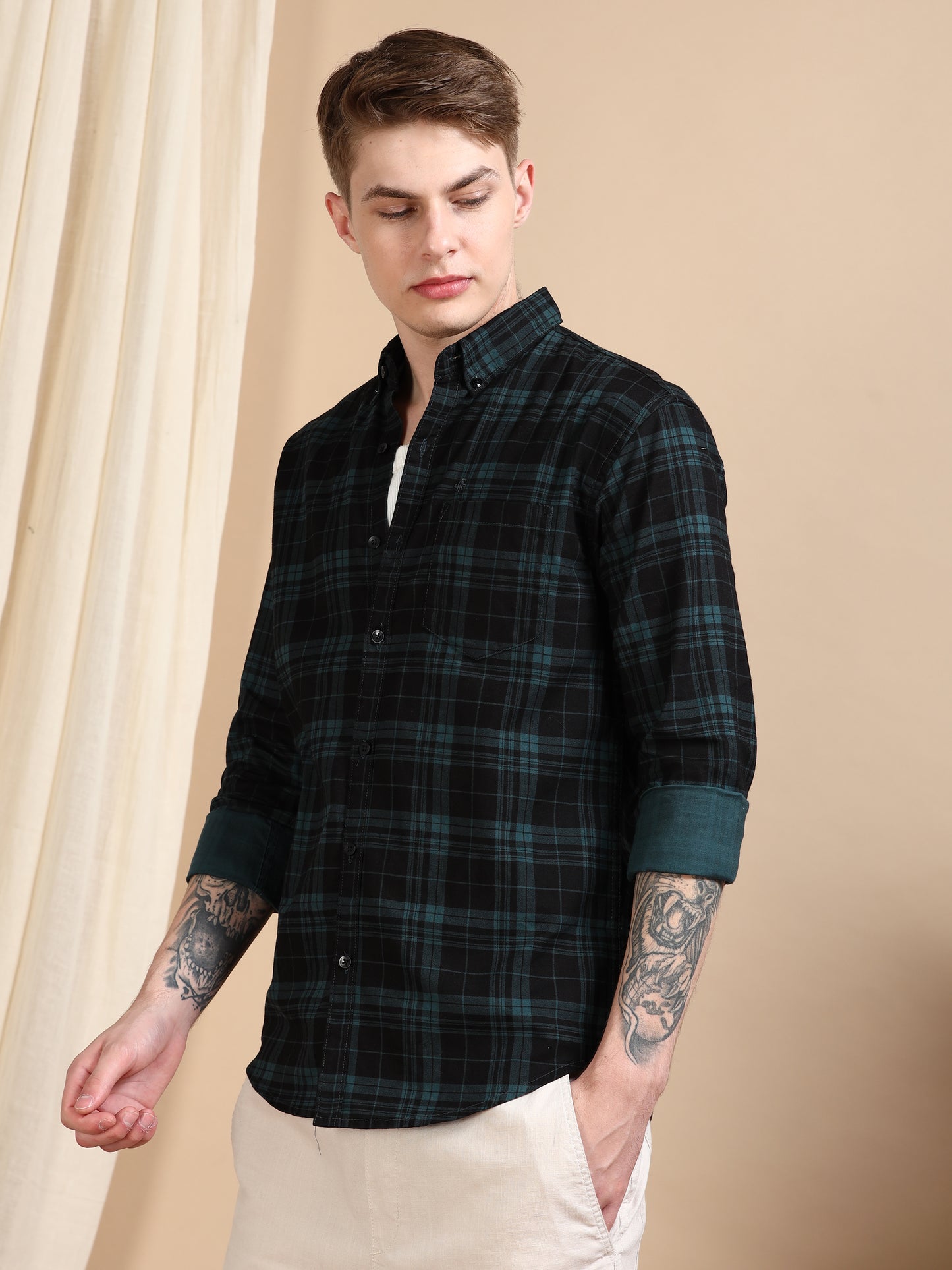 Casual Green Mens Checked Shirts Long Sleeve