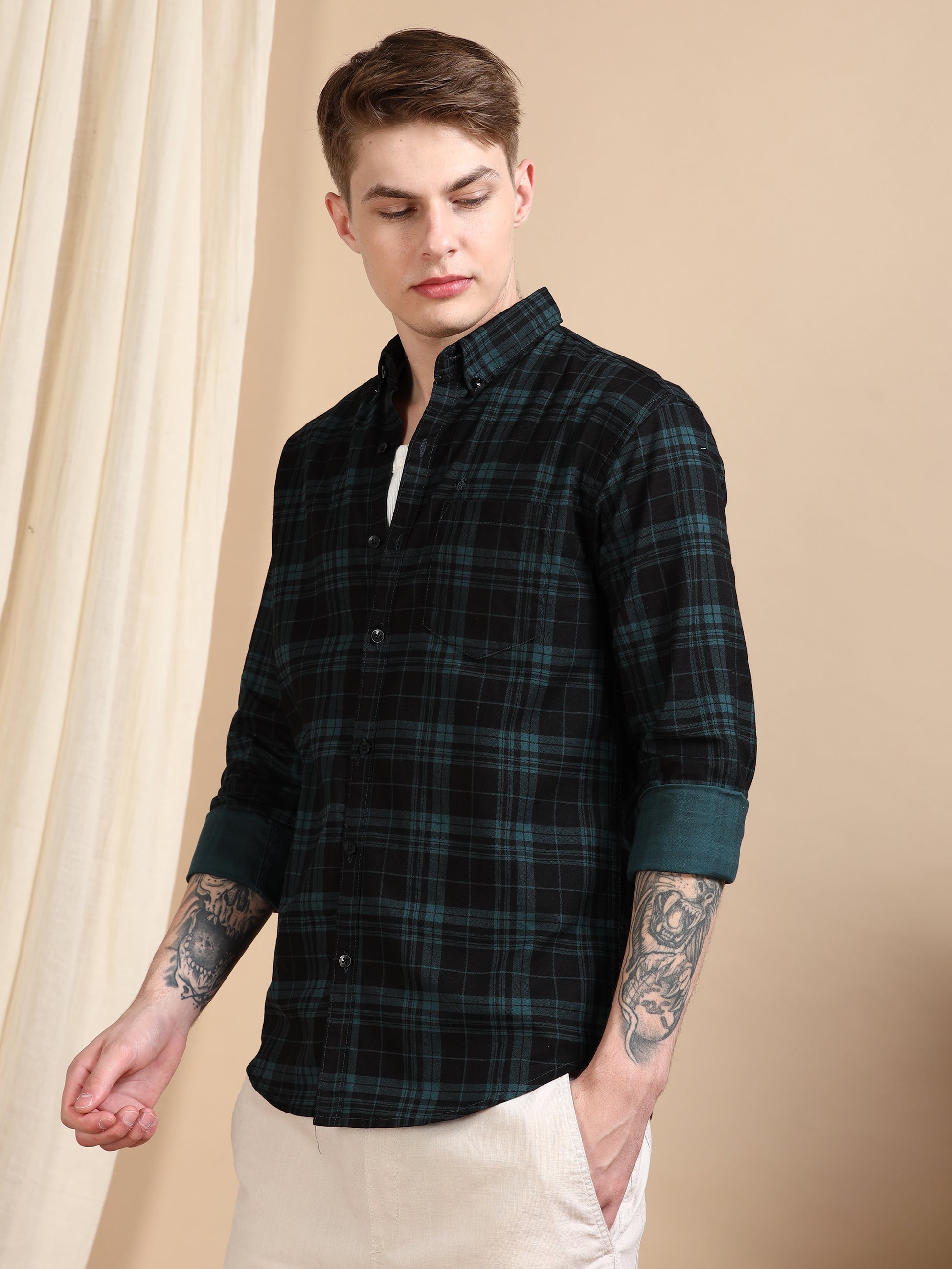 Casual Green Mens Checked Shirts Long Sleeve