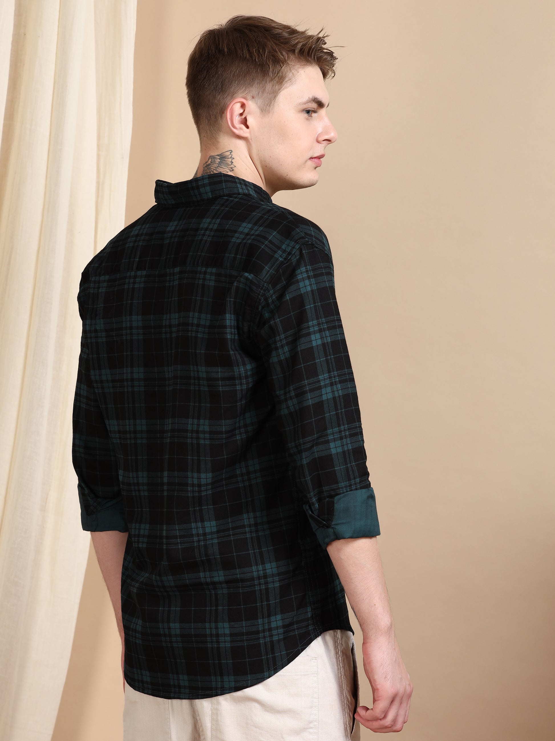 Casual Green Mens Checked Shirts Long Sleeve