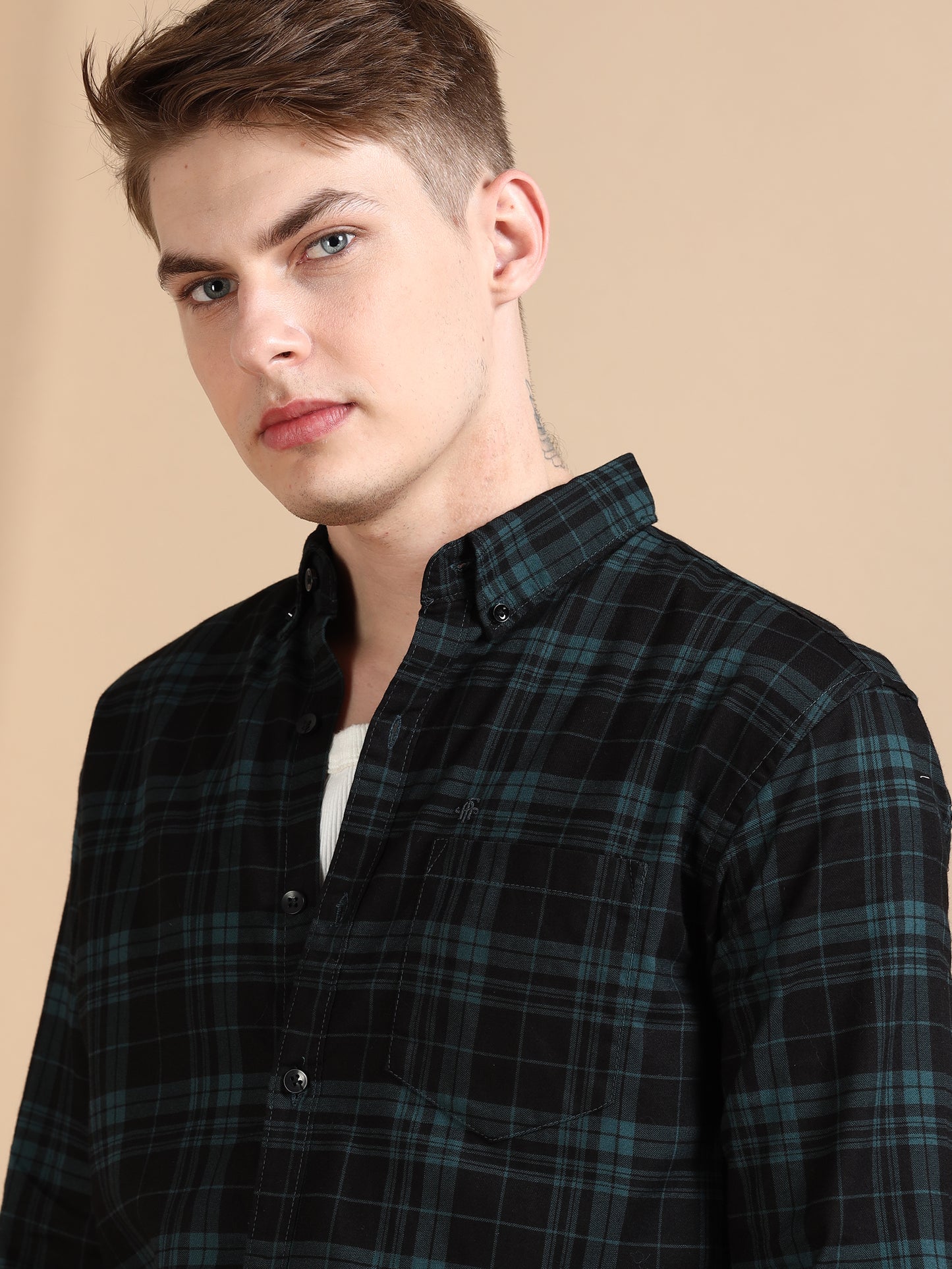 Casual Green Mens Checked Shirts Long Sleeve