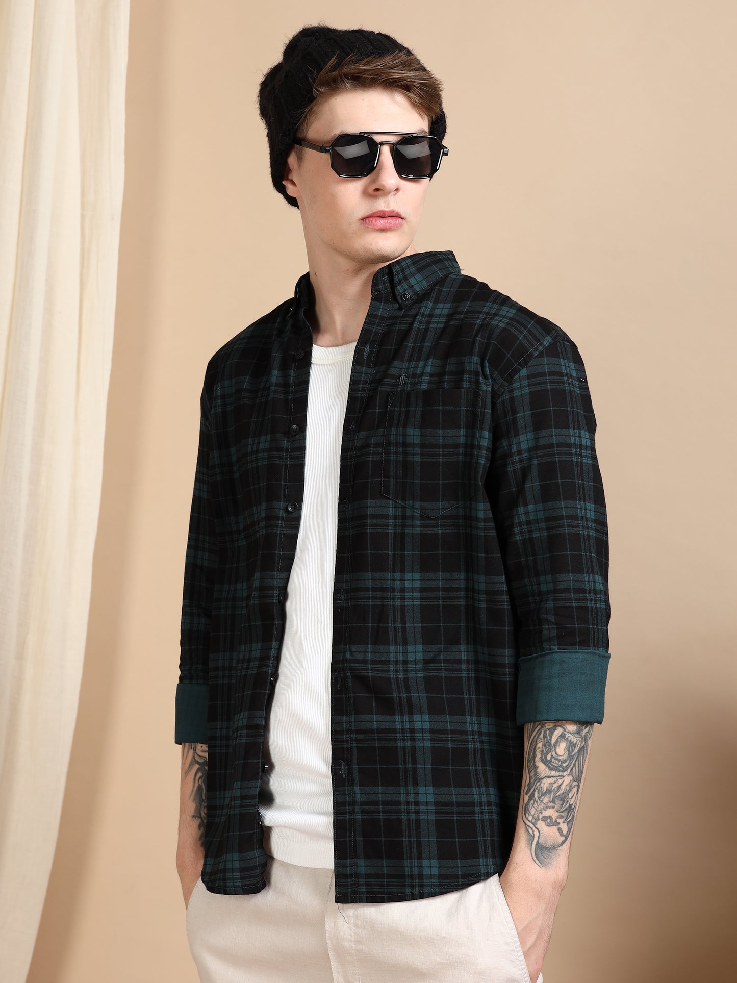 Casual Green Mens Checked Shirts Long Sleeve