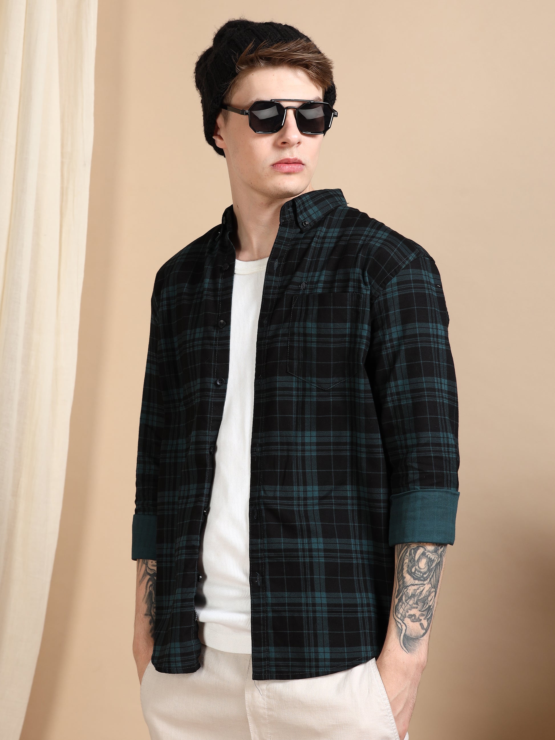 Casual Green Mens Checked Shirts Long Sleeve