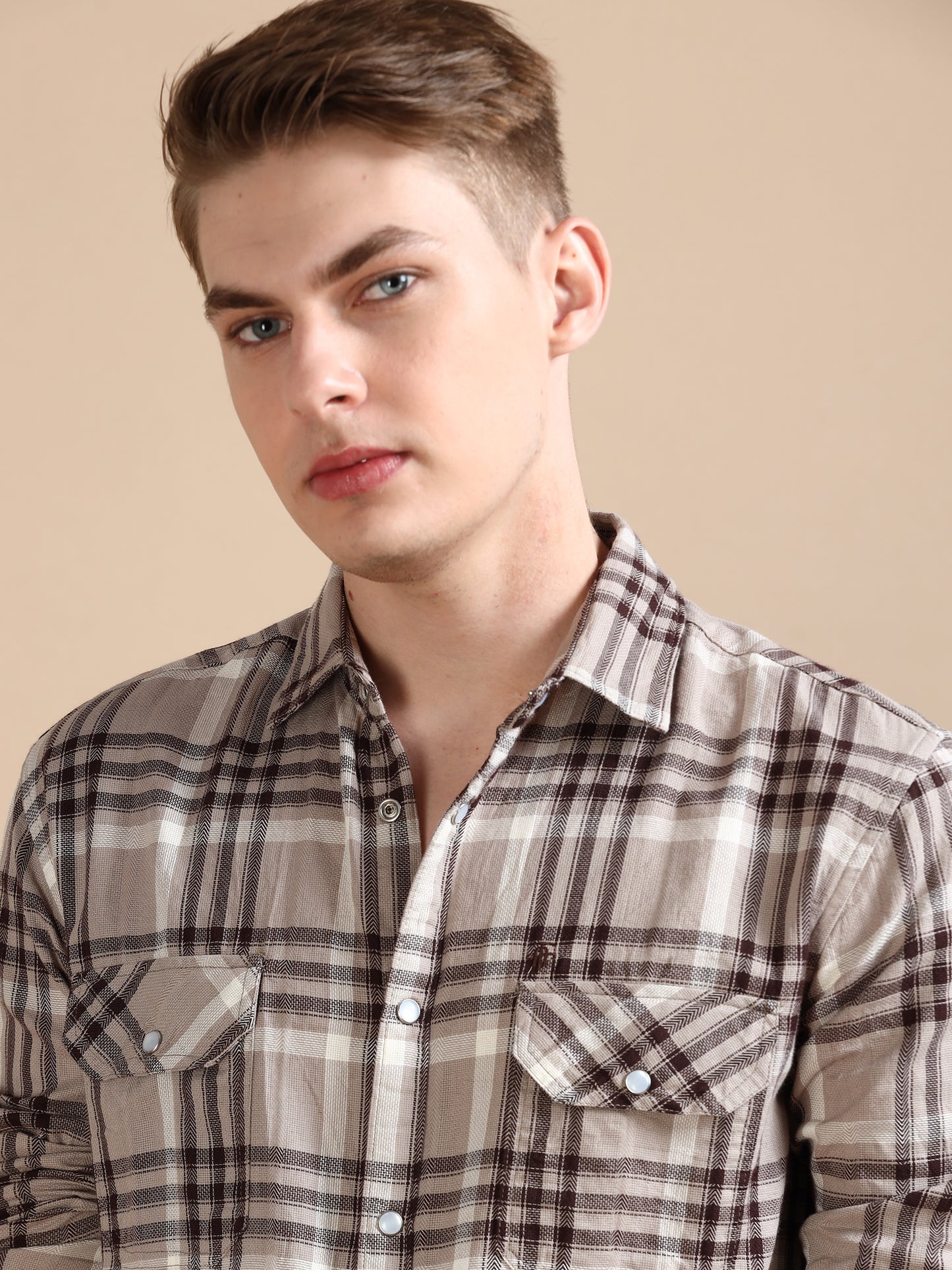 Imported Dobby Beige Printed Check Shirts Men