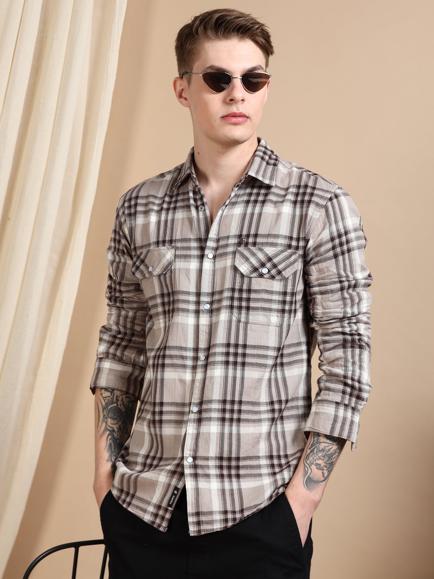 Imported Dobby Beige Printed Check Shirts Men