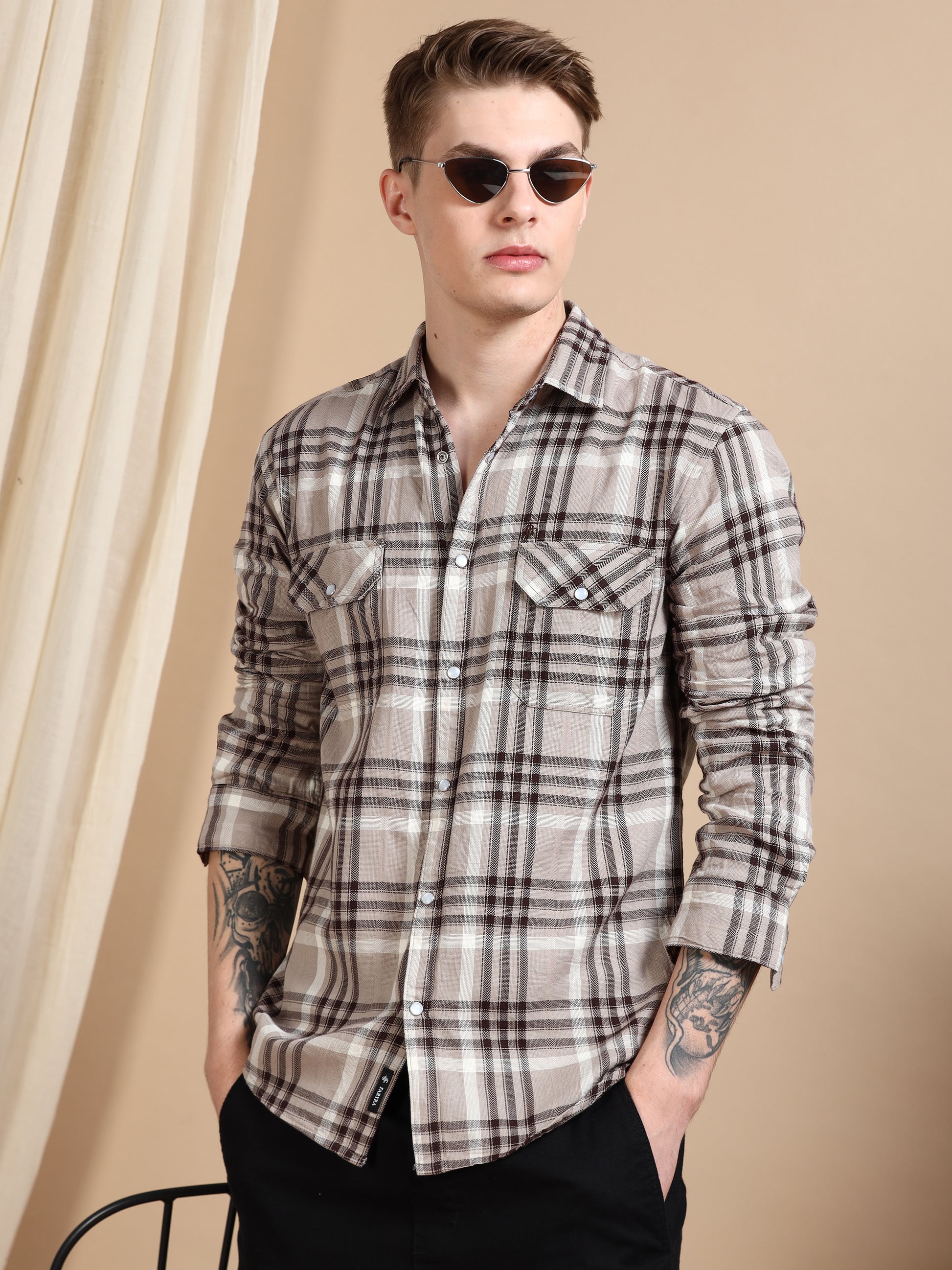 Imported Dobby Beige Printed Check Shirts Men