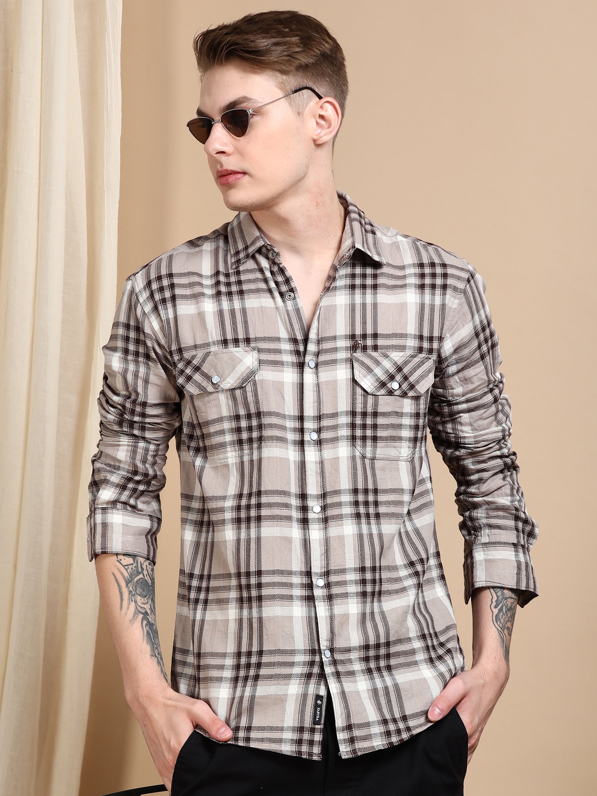 Imported Dobby Beige Printed Check Shirts Men