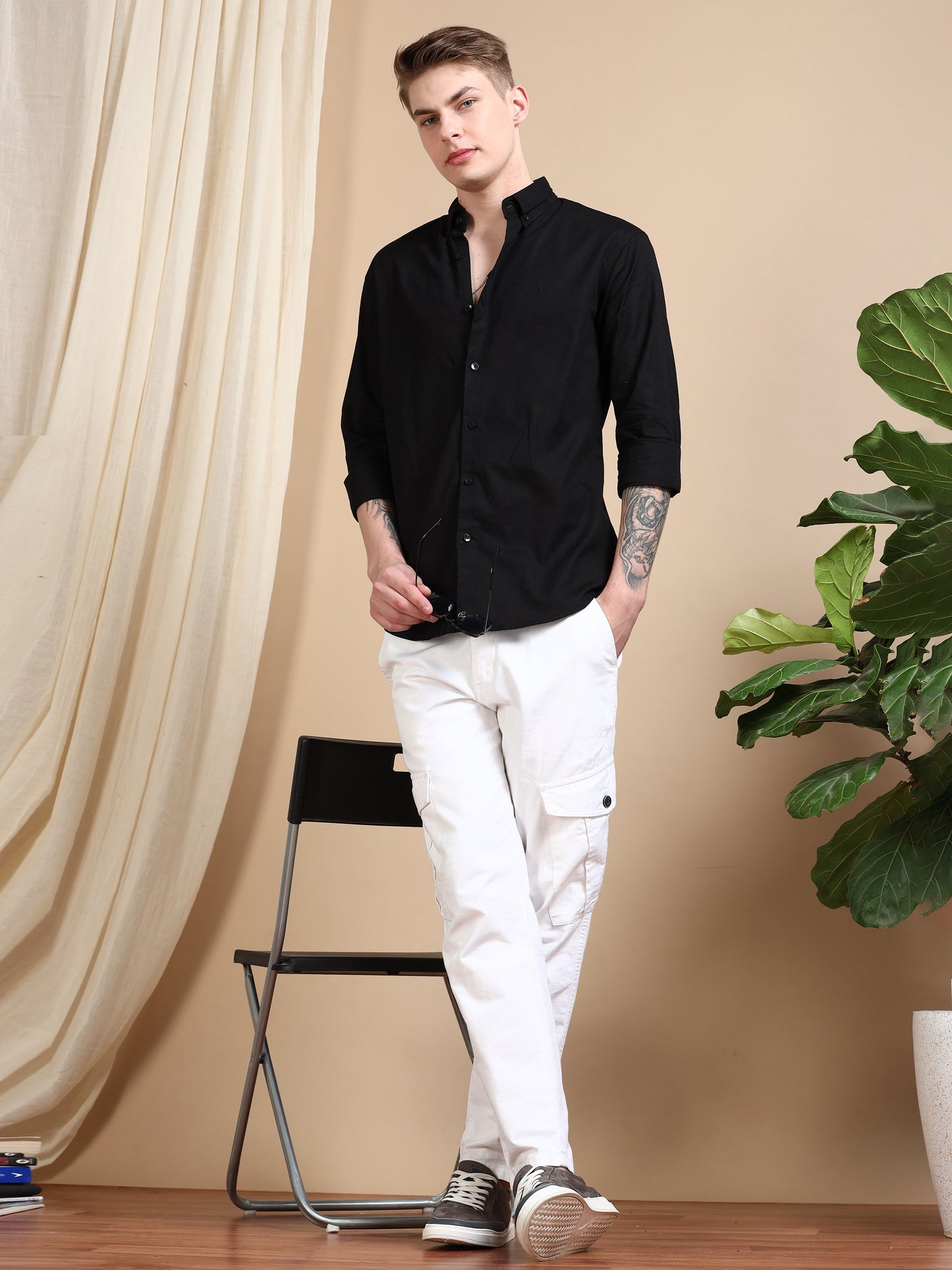 Solid Linen Black Shirt For Men