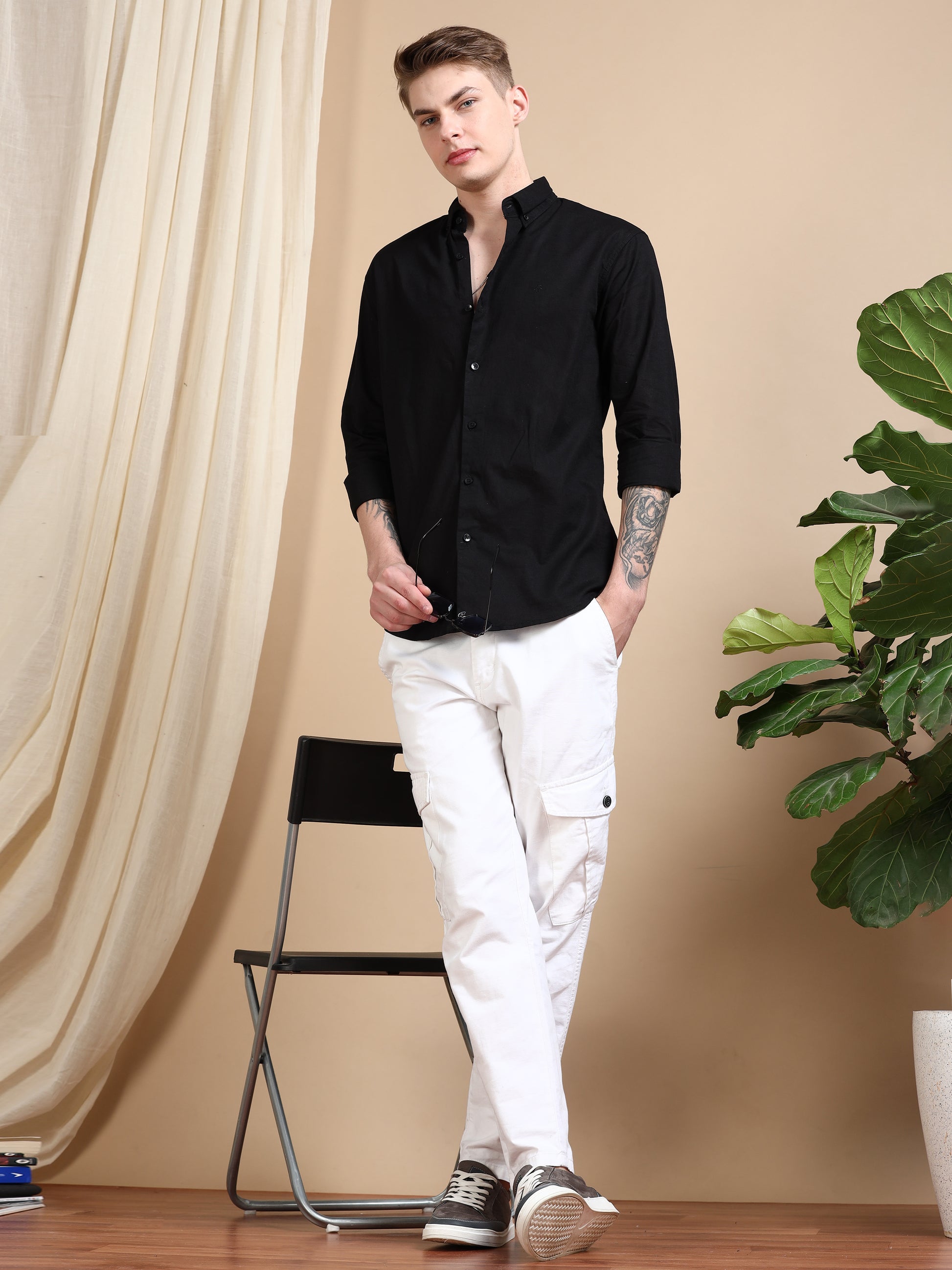 Solid Linen Black Shirt For Men
