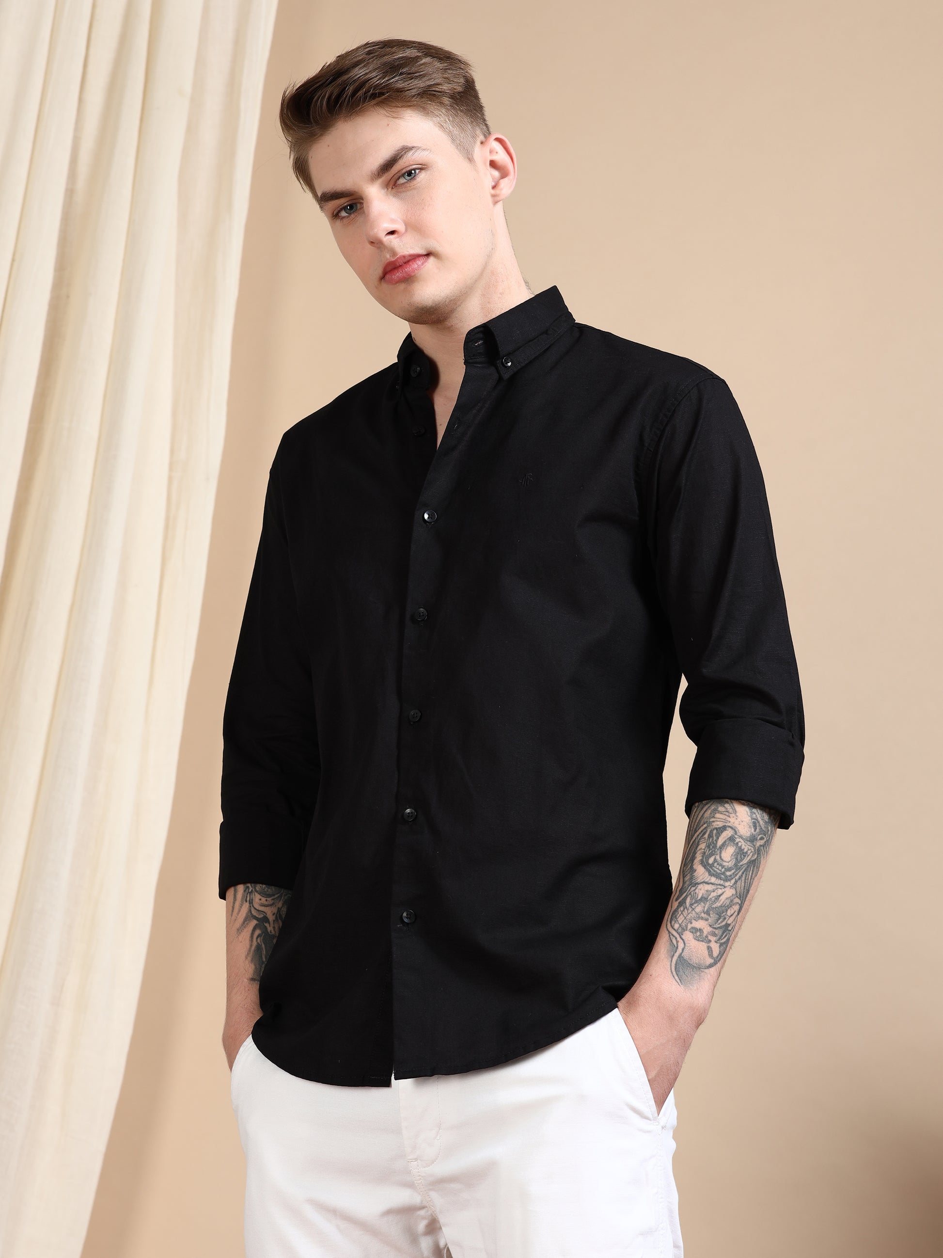 Solid Linen Black Shirt For Men