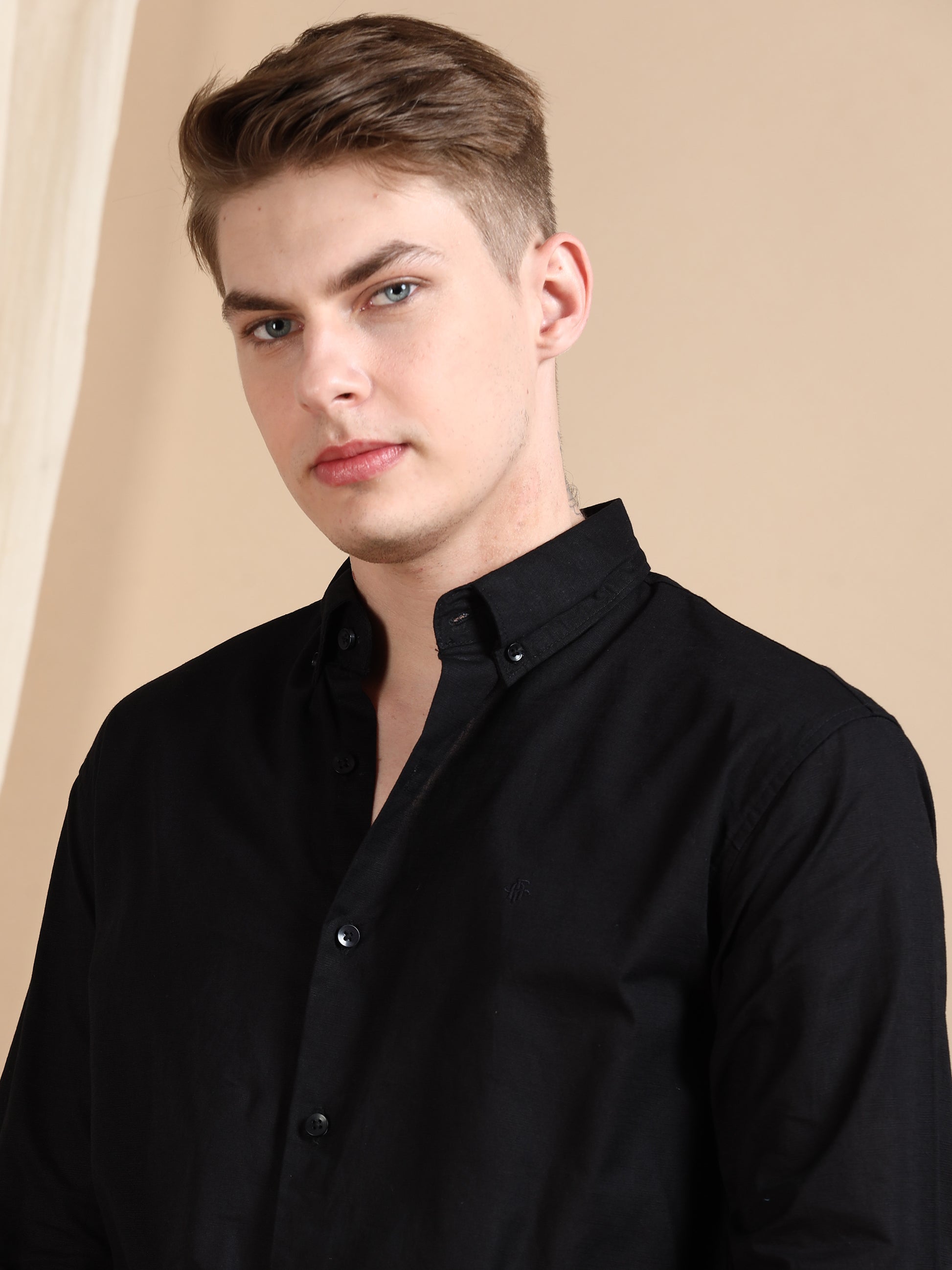Solid Linen Black Shirt For Men