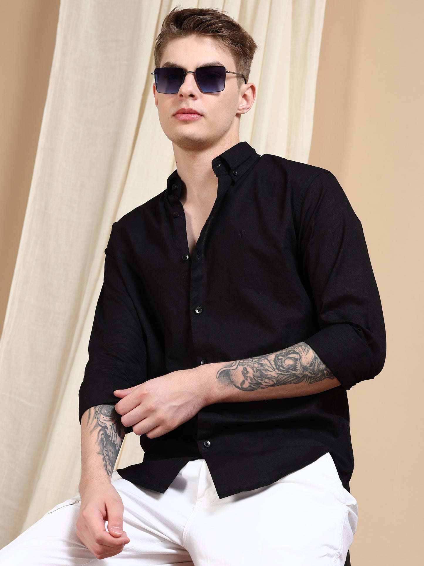 Solid Linen Black Shirt For Men