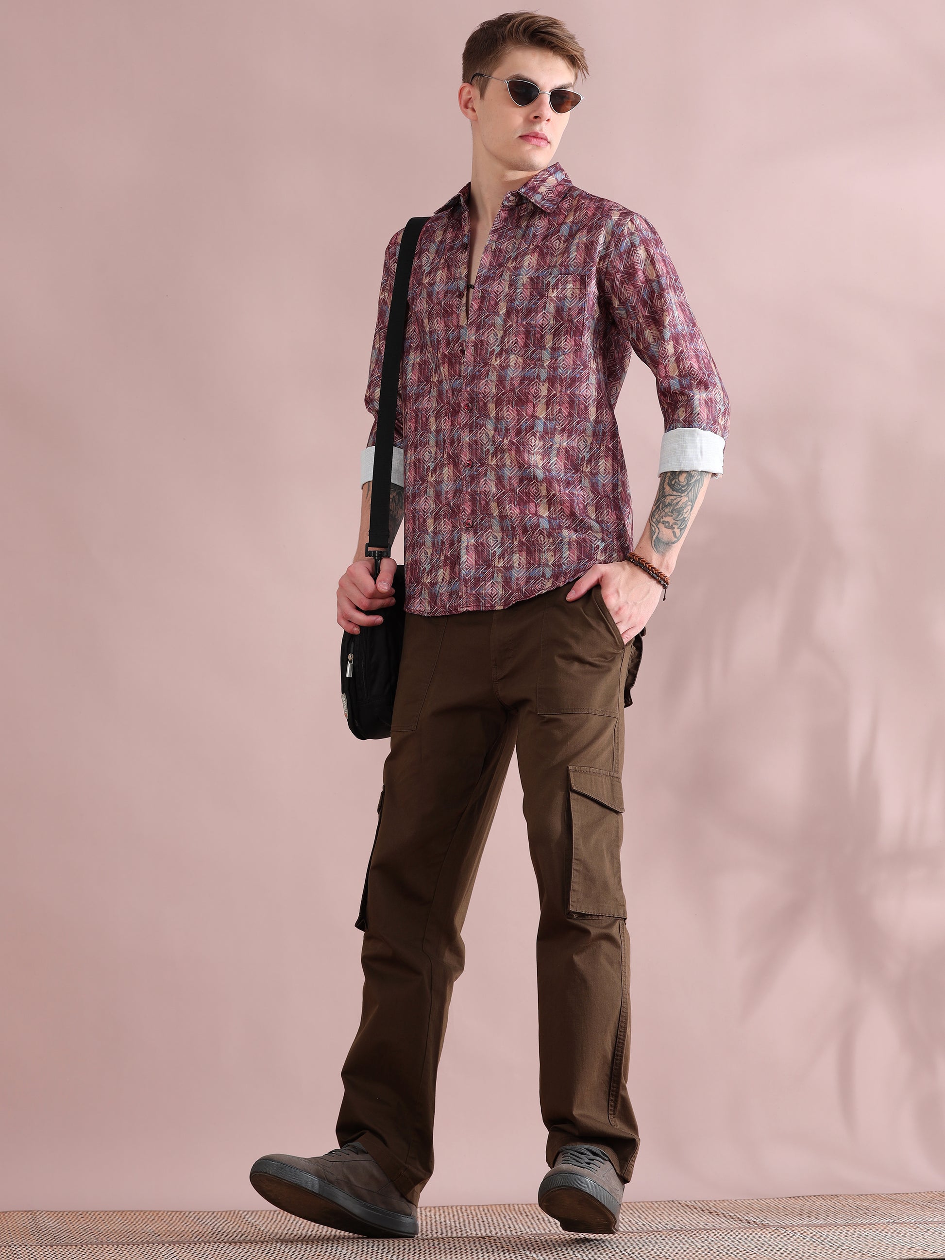 Full Sleeves Linen Digital Maroon Printed Shirt Men