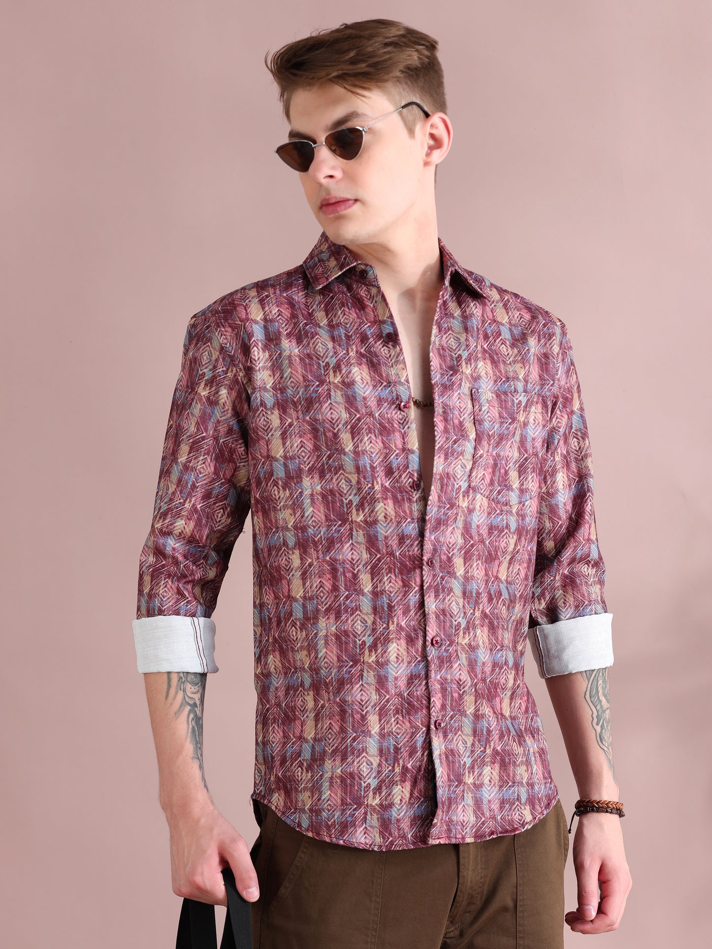 Full Sleeves Linen Digital Maroon Printed Shirt Men