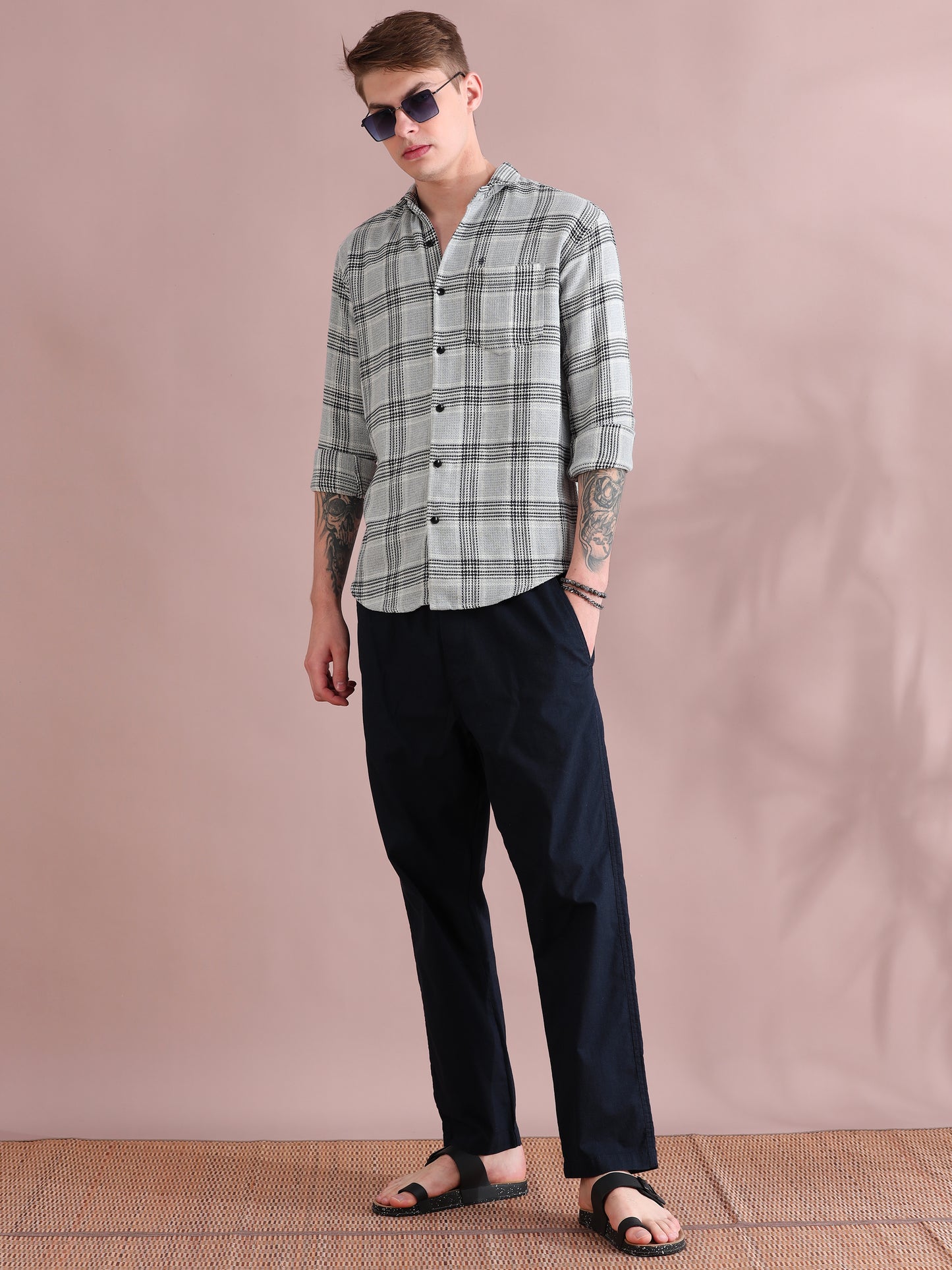 Full Sleeves Grey Mocklin Checkered Shirt For Men