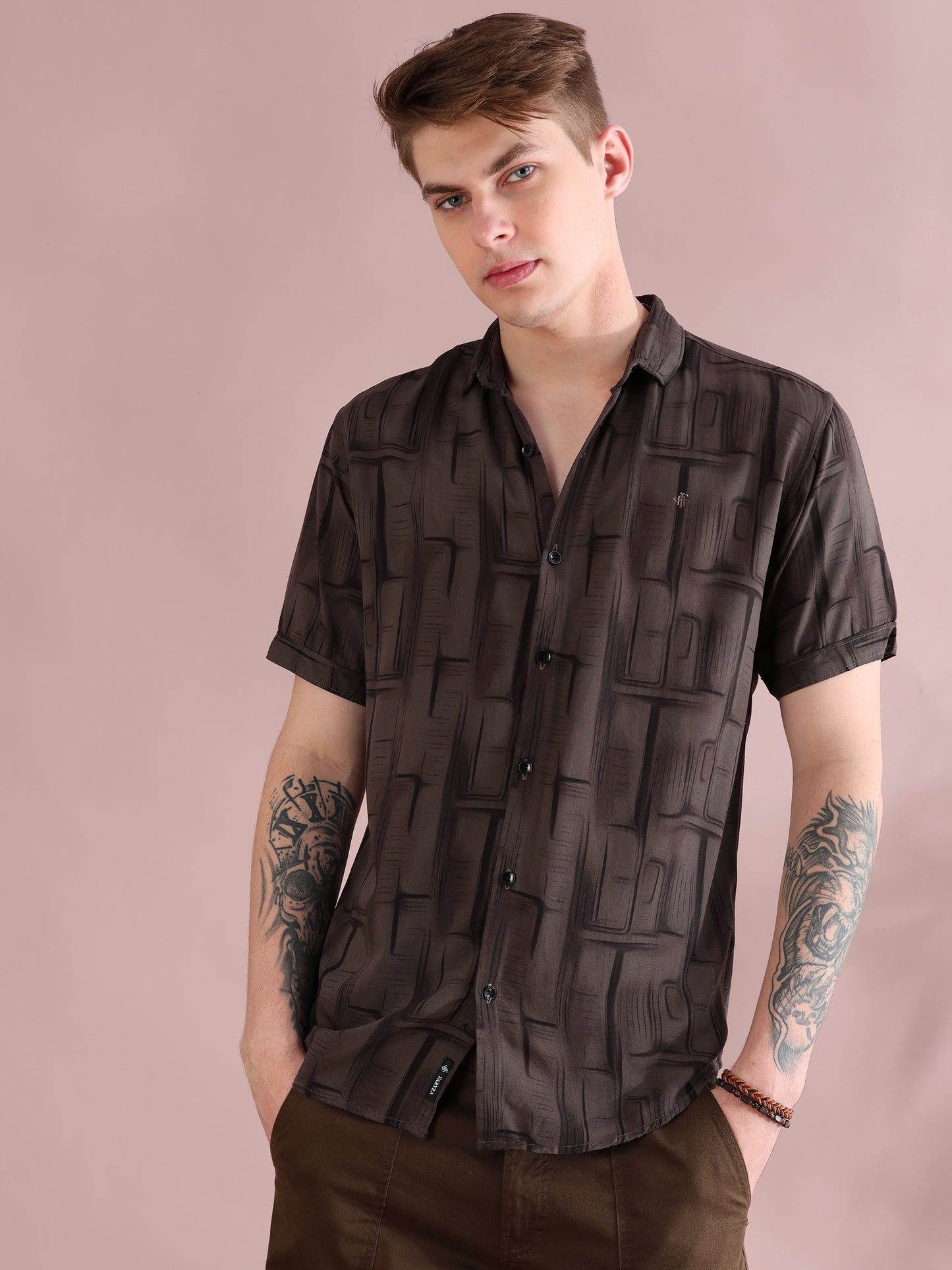 Half Sleeves Rayon Printed Brown Shirt For Men