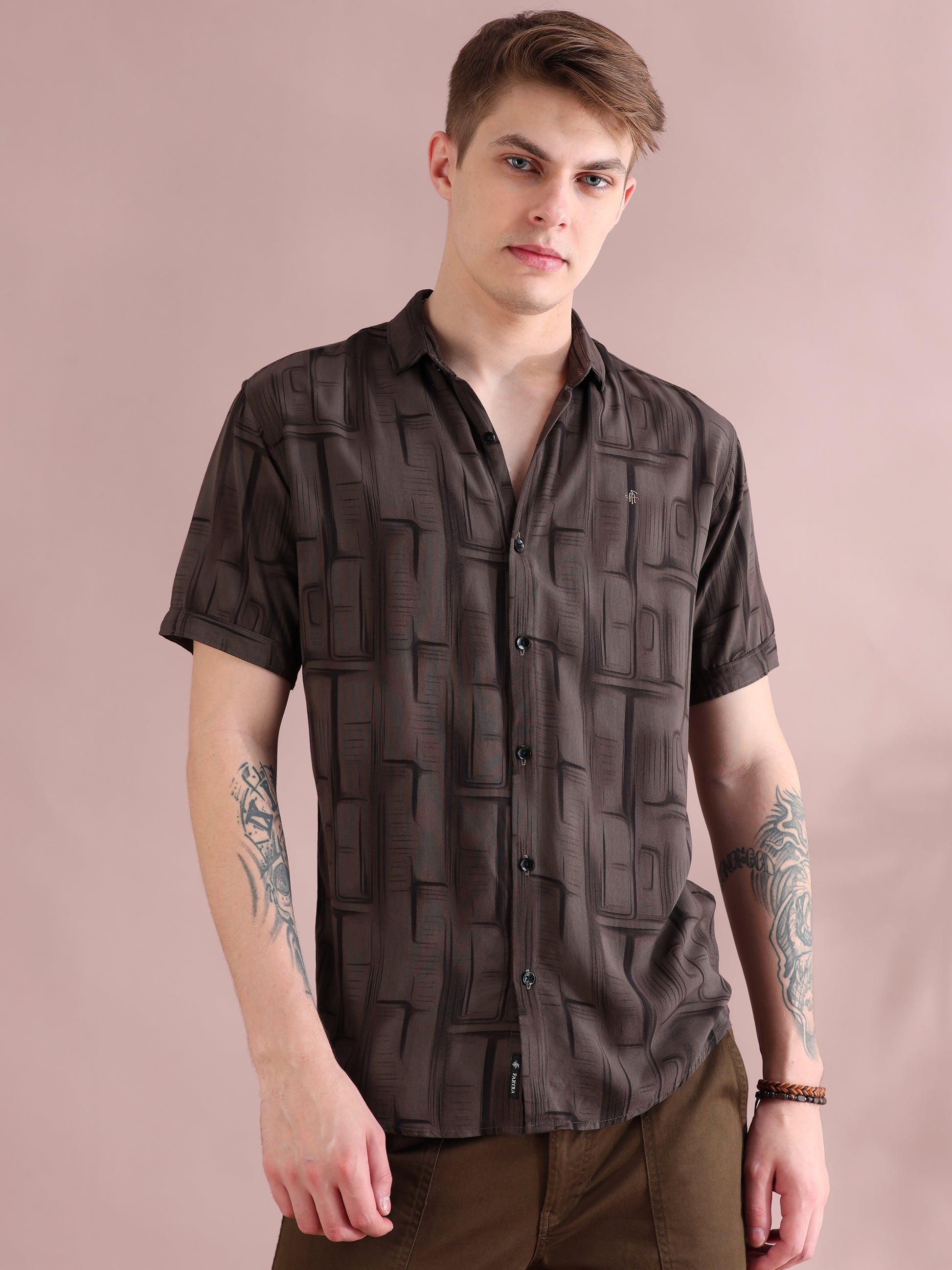 Half Sleeves Rayon Printed Brown Shirt For Men