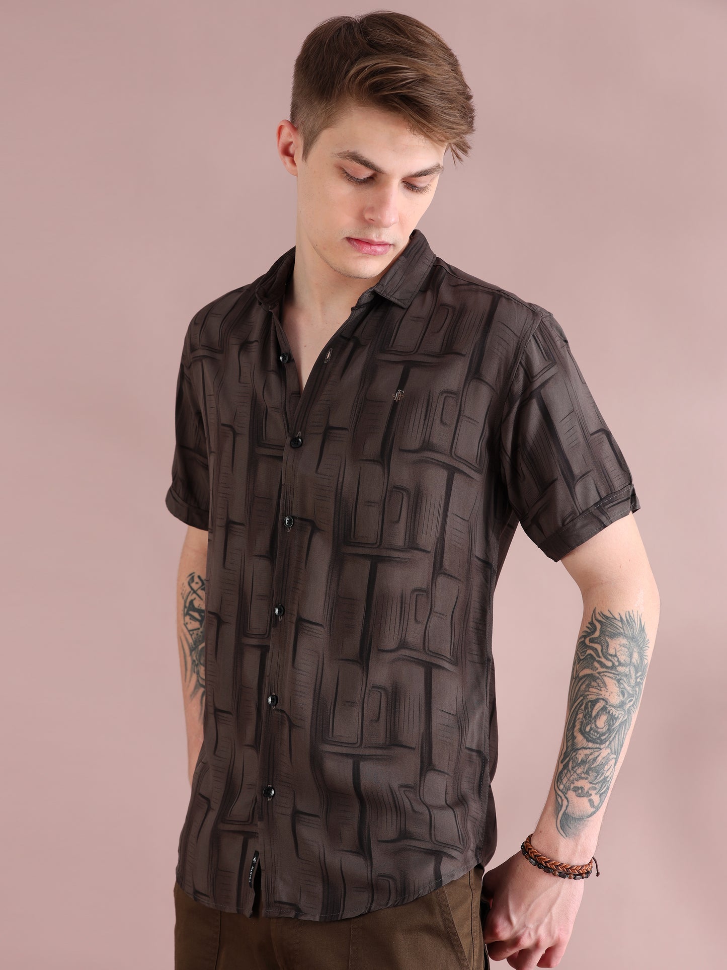 Half Sleeves Rayon Printed Brown Shirt For Men