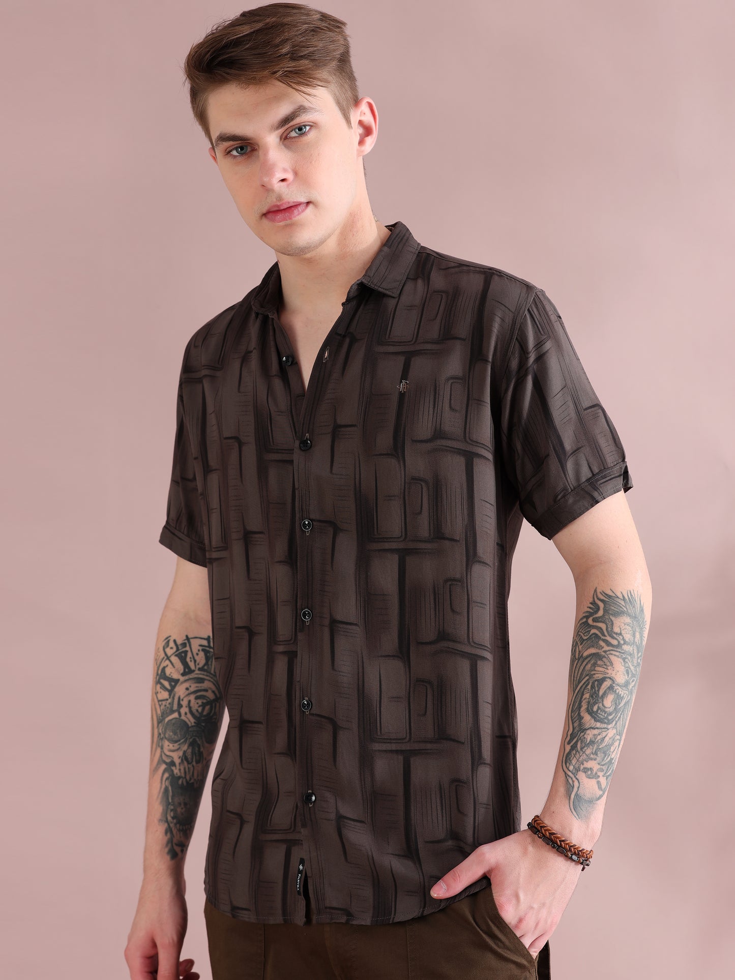Half Sleeves Rayon Printed Brown Shirt For Men