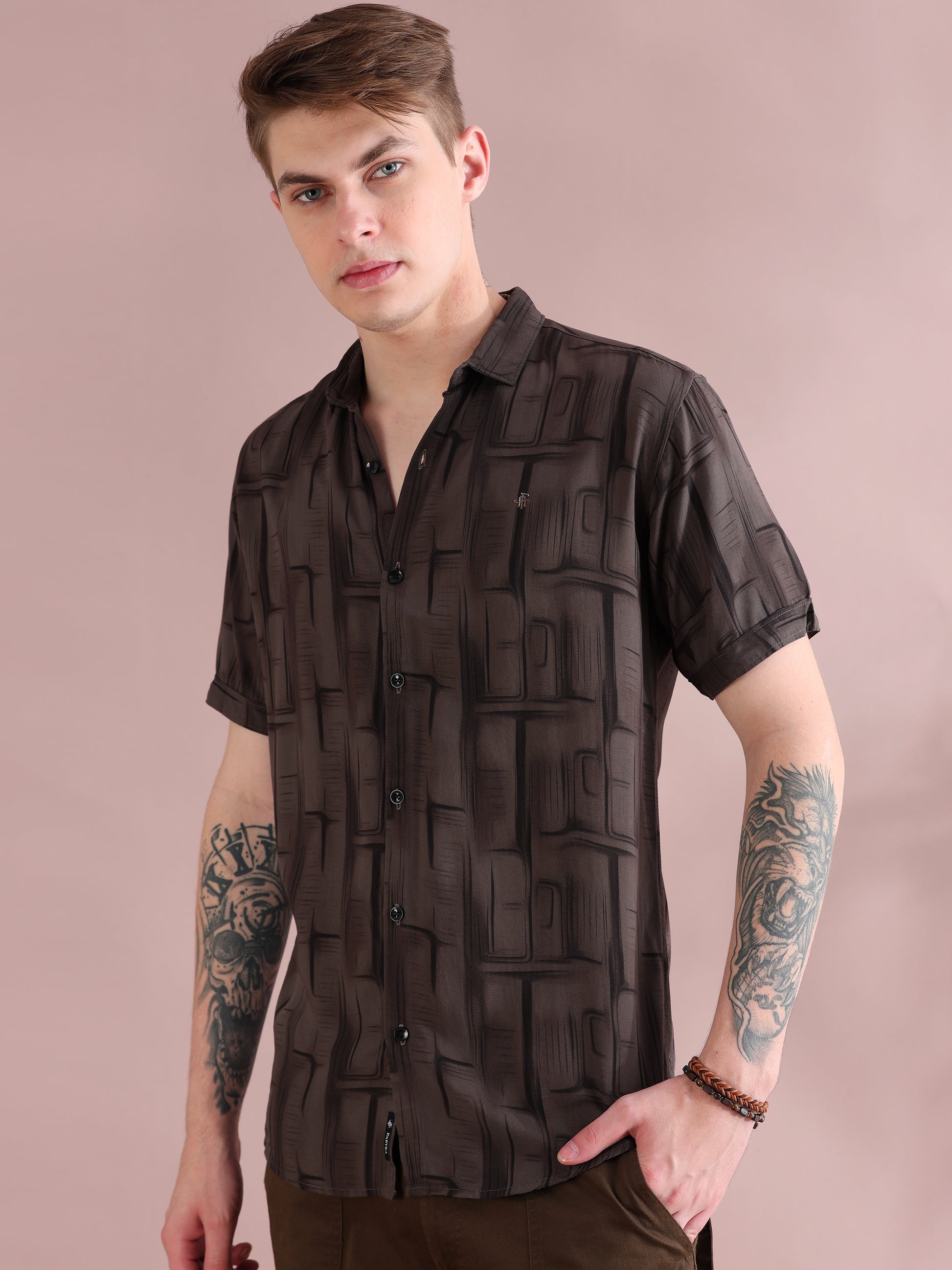 Half Sleeves Rayon Printed Brown Shirt For Men