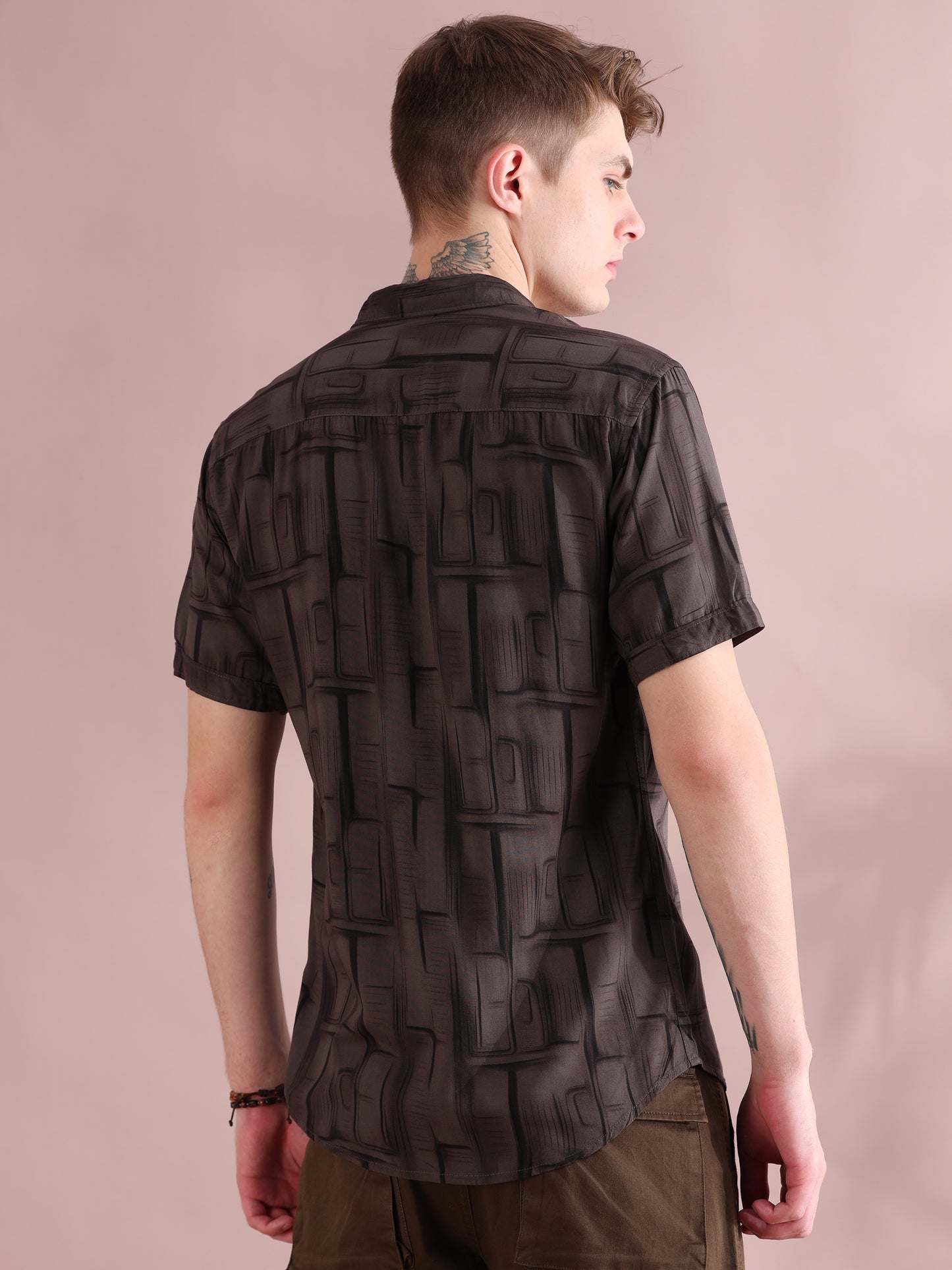 Half Sleeves Rayon Printed Brown Shirt For Men