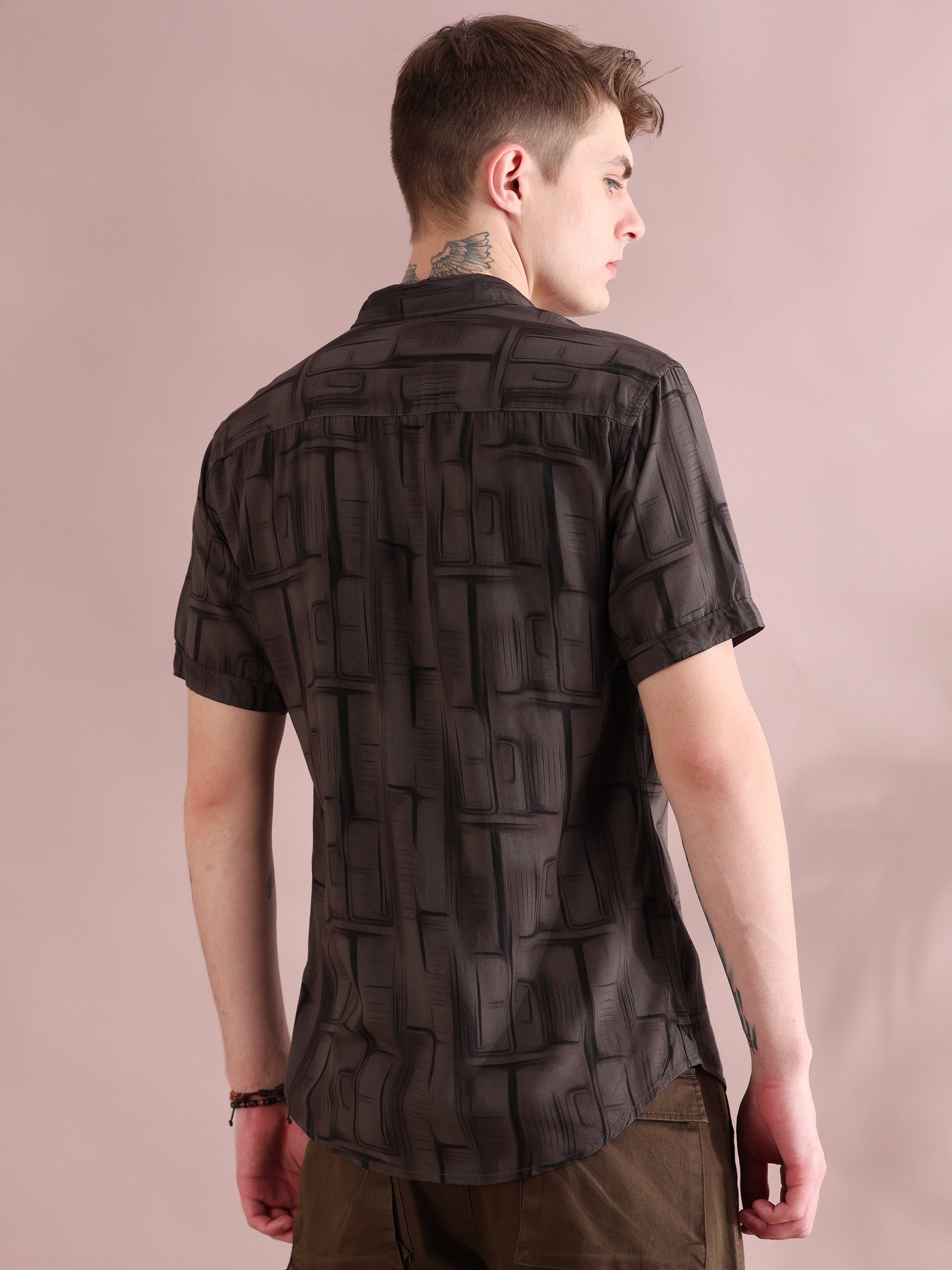 Half Sleeves Rayon Printed Brown Shirt For Men