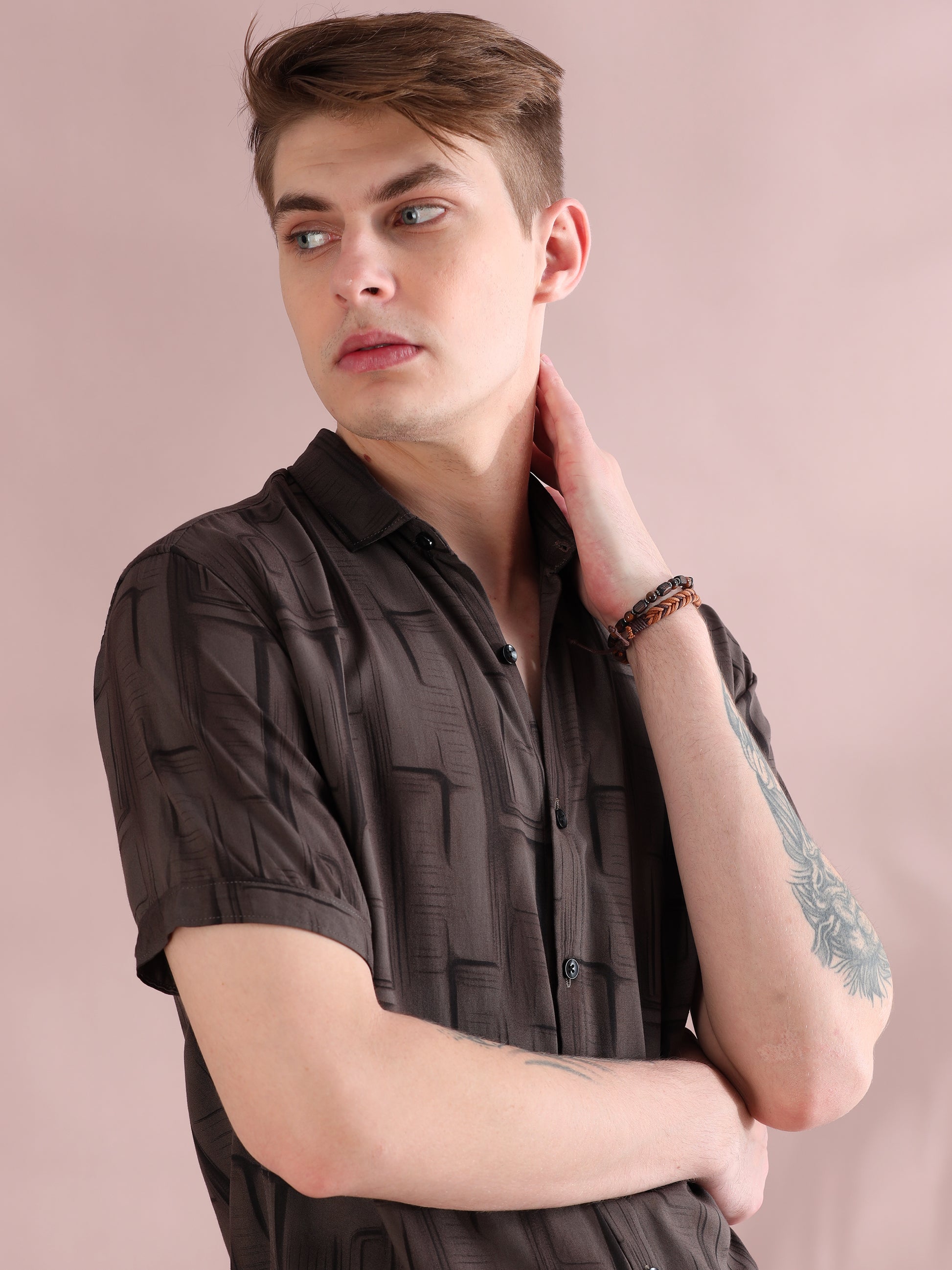 Half Sleeves Rayon Printed Brown Shirt For Men