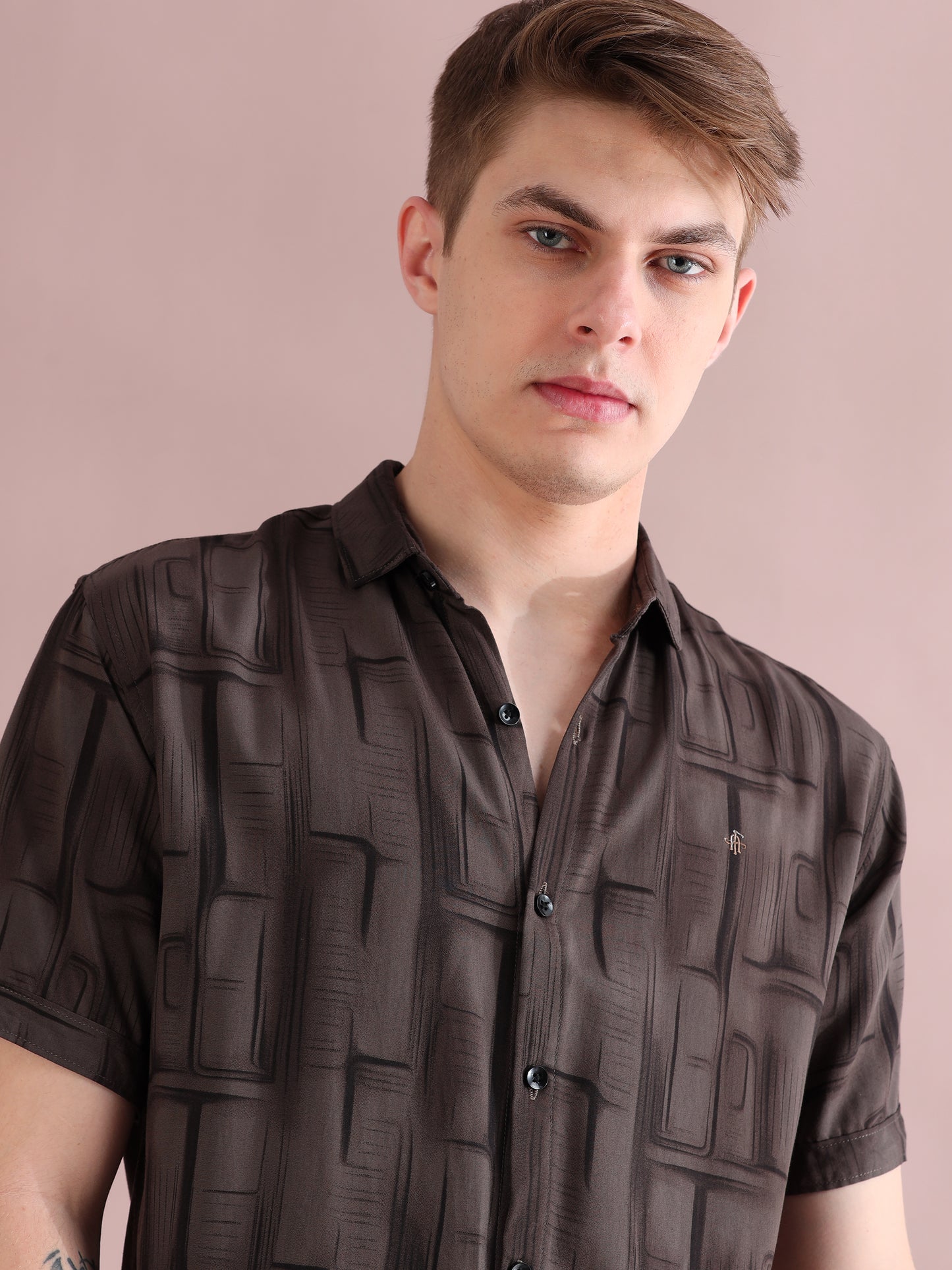 Half Sleeves Rayon Printed Brown Shirt For Men