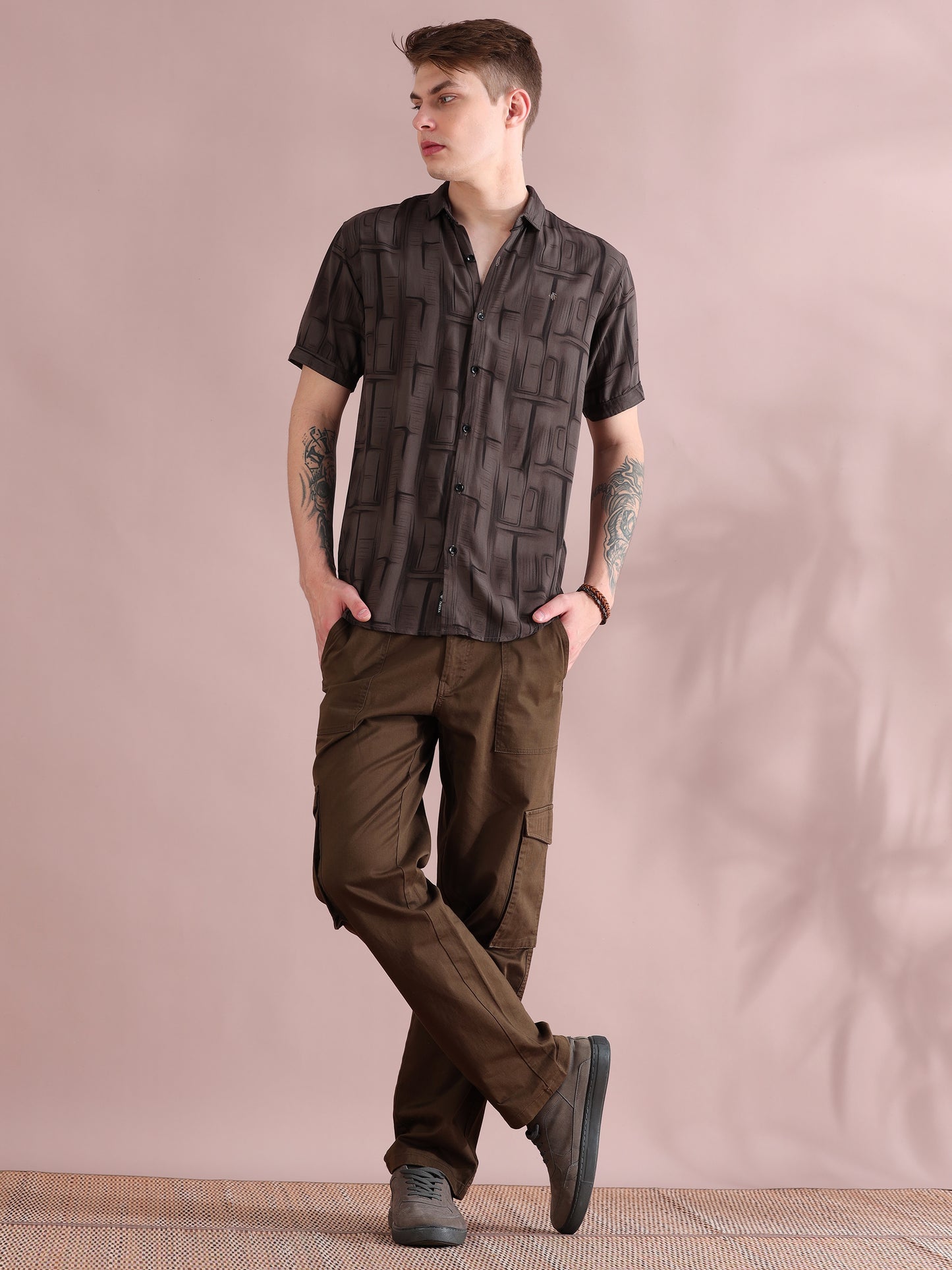 Half Sleeves Rayon Printed Brown Shirt For Men